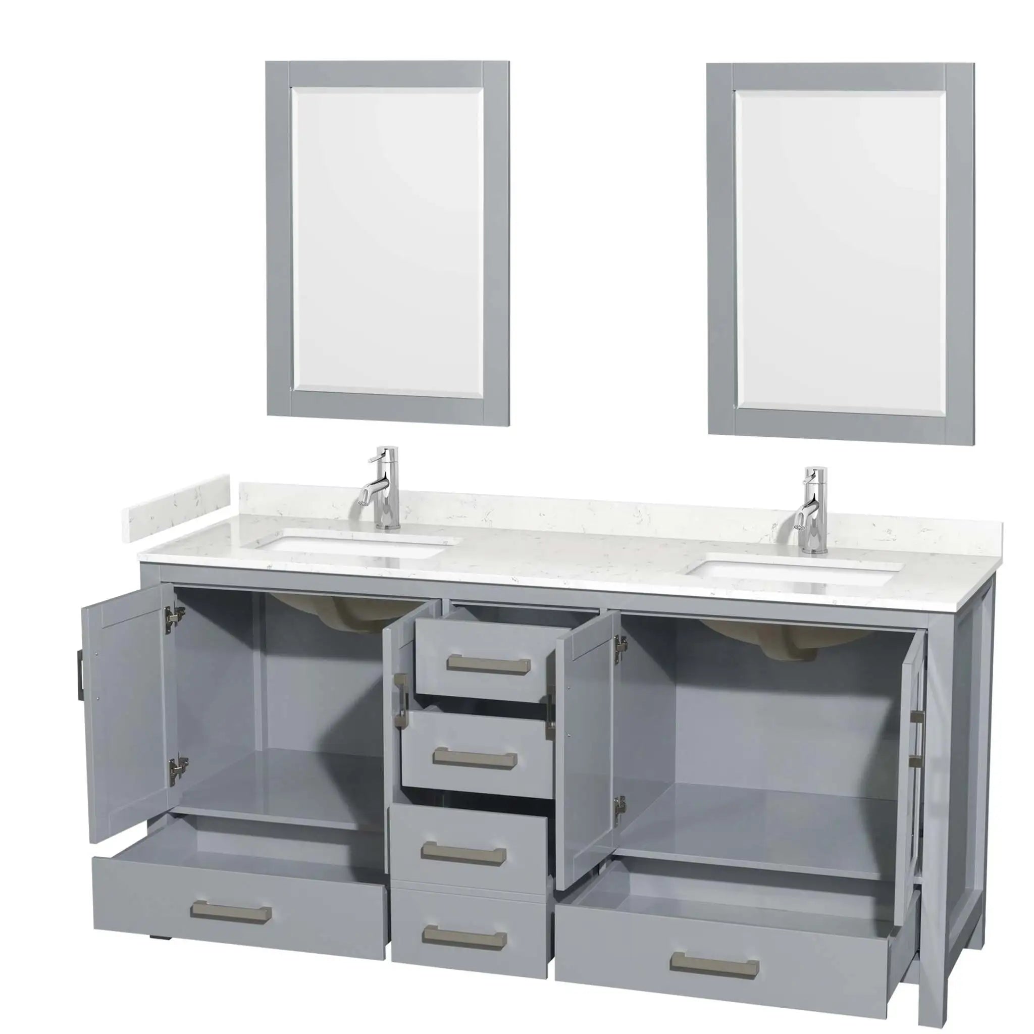 72" Sheffield Double Bathroom Vanity in Gray with Brushed Chrome Trim & 24" Mirror by Wyndham