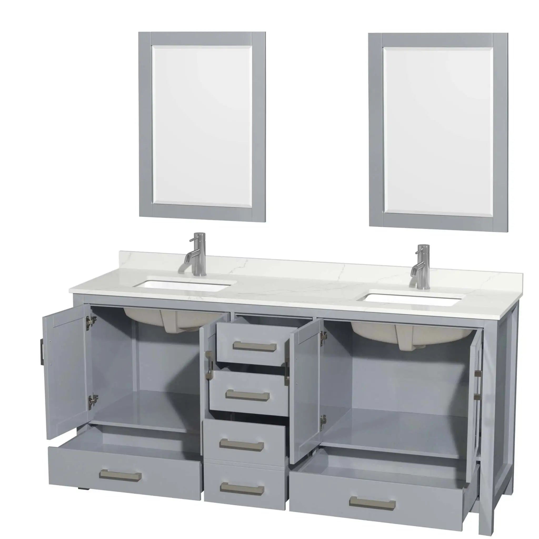 72" Sheffield Double Bathroom Vanity in Gray with Brushed Chrome Trim & 24" Mirror by Wyndham