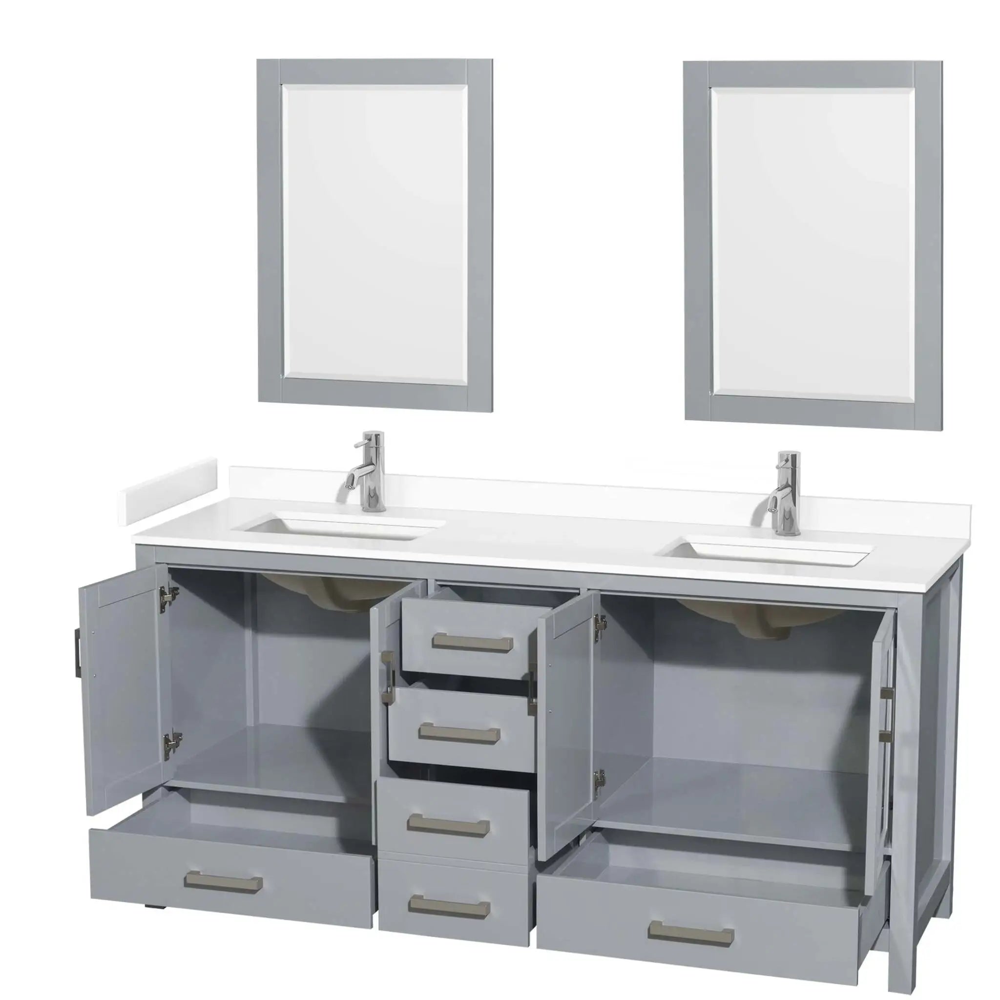 72" Sheffield Double Bathroom Vanity in Gray with Brushed Chrome Trim & 24" Mirror by Wyndham