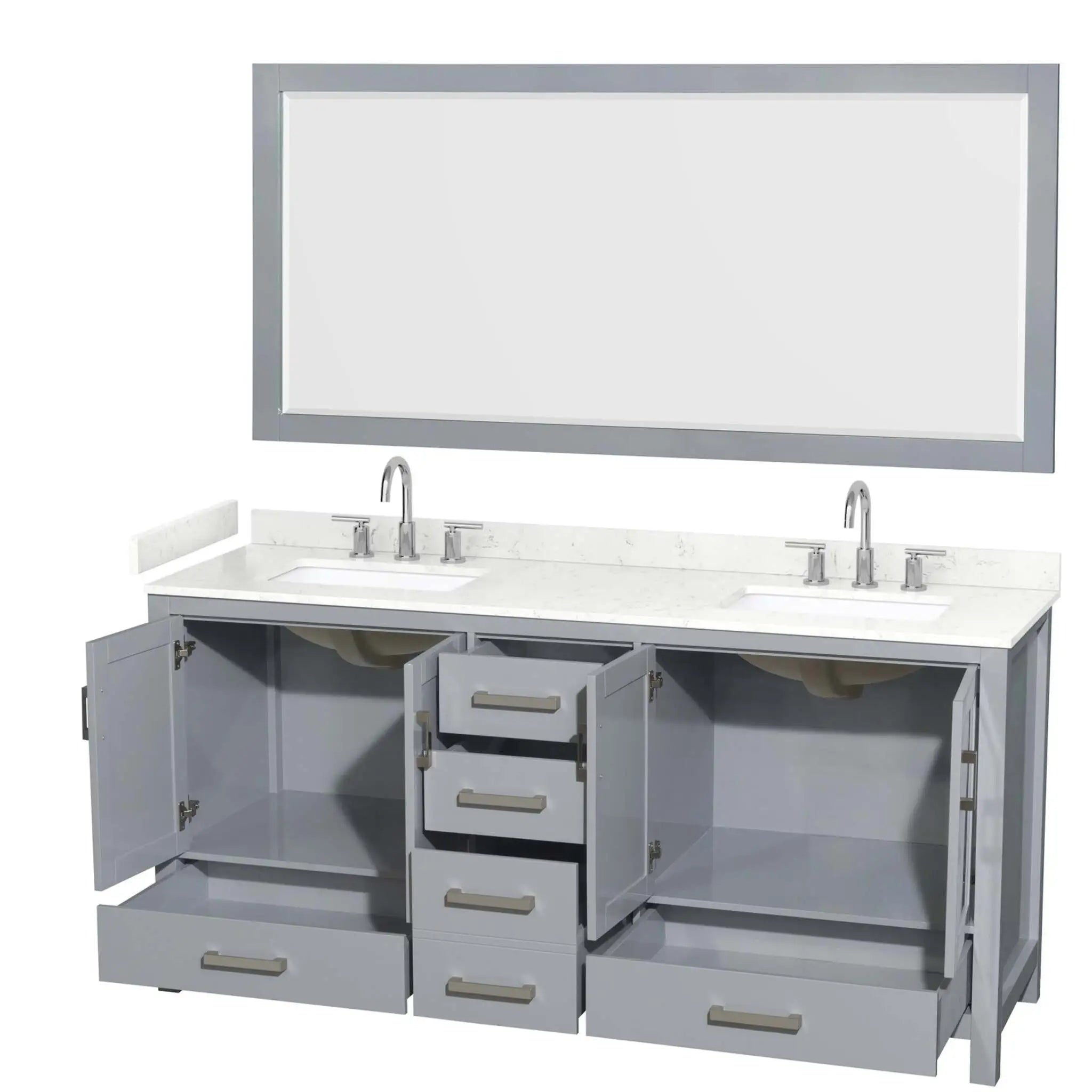 72" Sheffield Double Bathroom Vanity in Gray with Brushed Chrome Trim & 70" Mirror by Wyndham