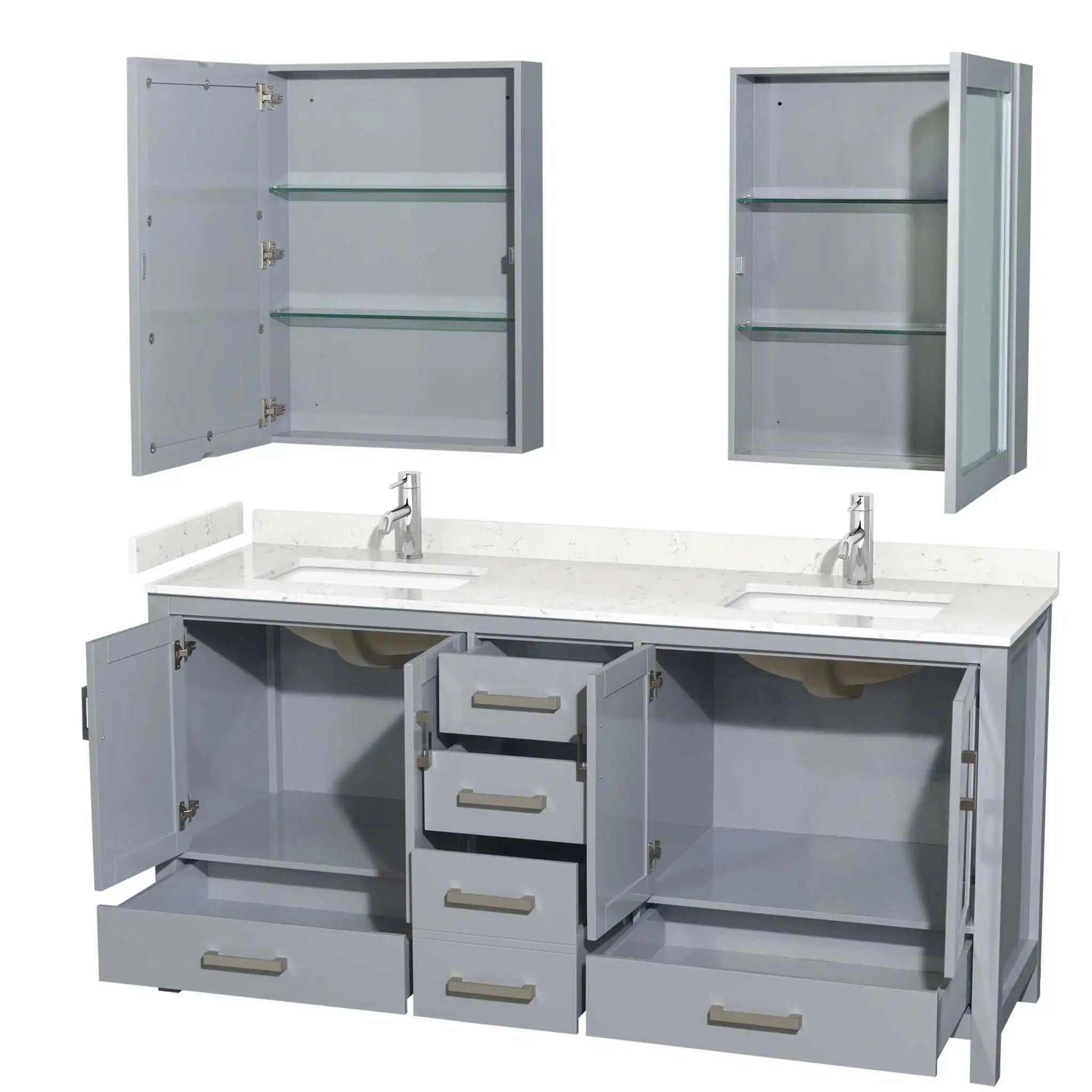 72" Sheffield Double Bathroom Vanity in Gray with Brushed Chrome Trim & Medicine Cabinet by Wyndham