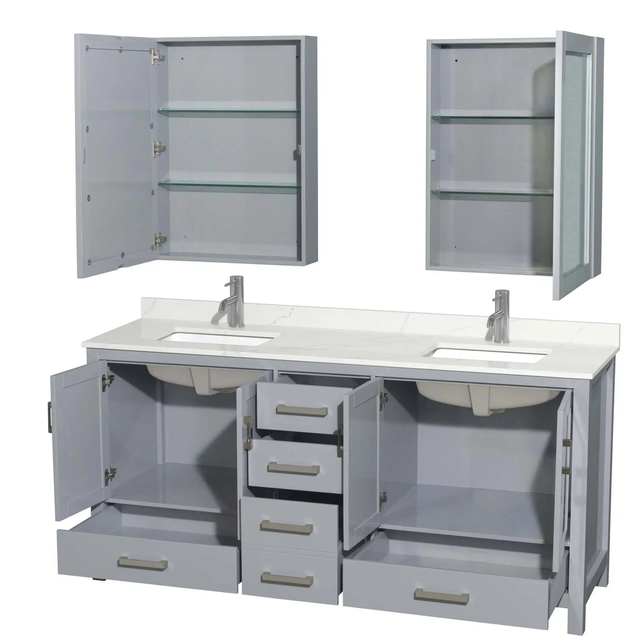 72" Sheffield Double Bathroom Vanity in Gray with Brushed Chrome Trim & Medicine Cabinet by Wyndham