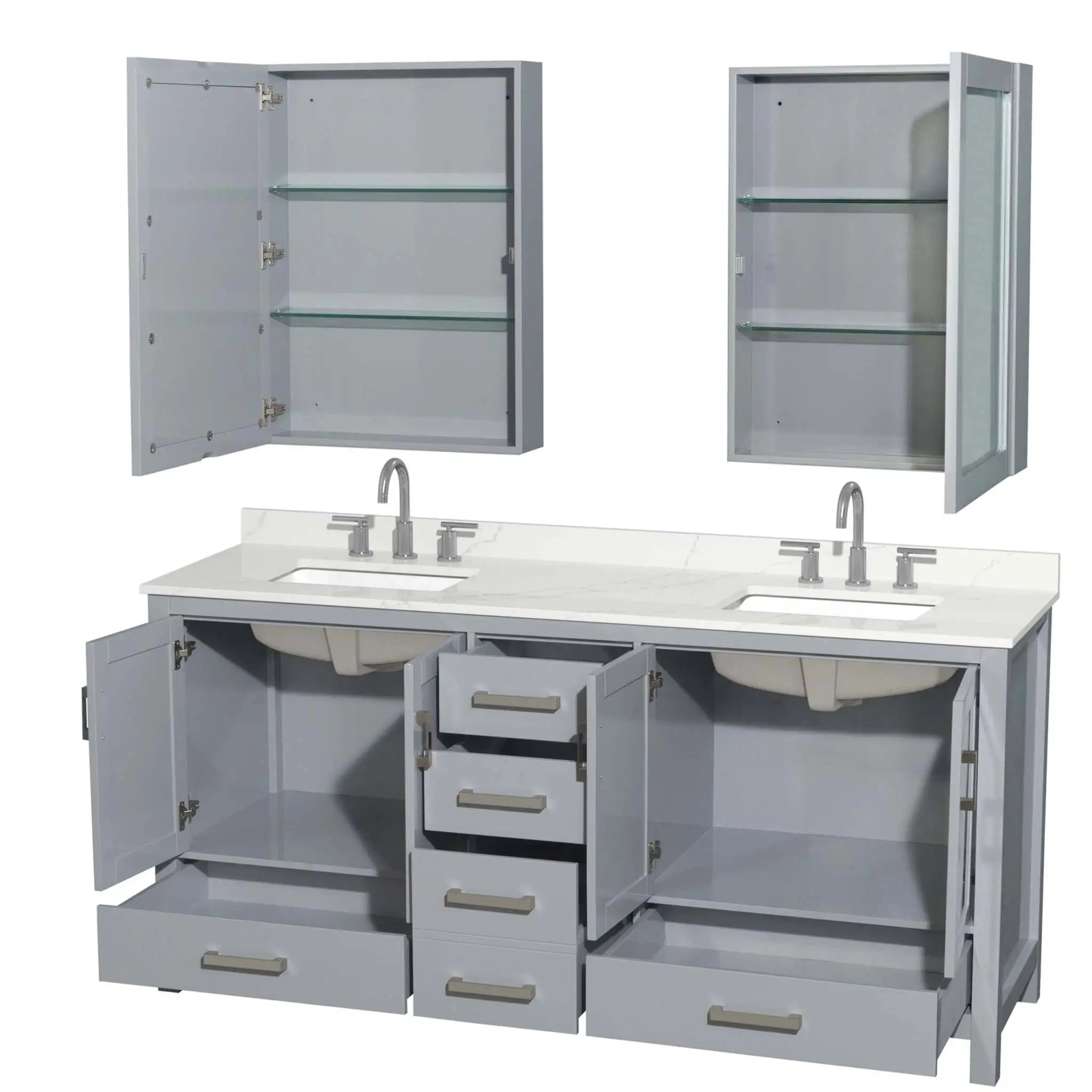 72" Sheffield Double Bathroom Vanity in Gray with Brushed Chrome Trim & Medicine Cabinet by Wyndham