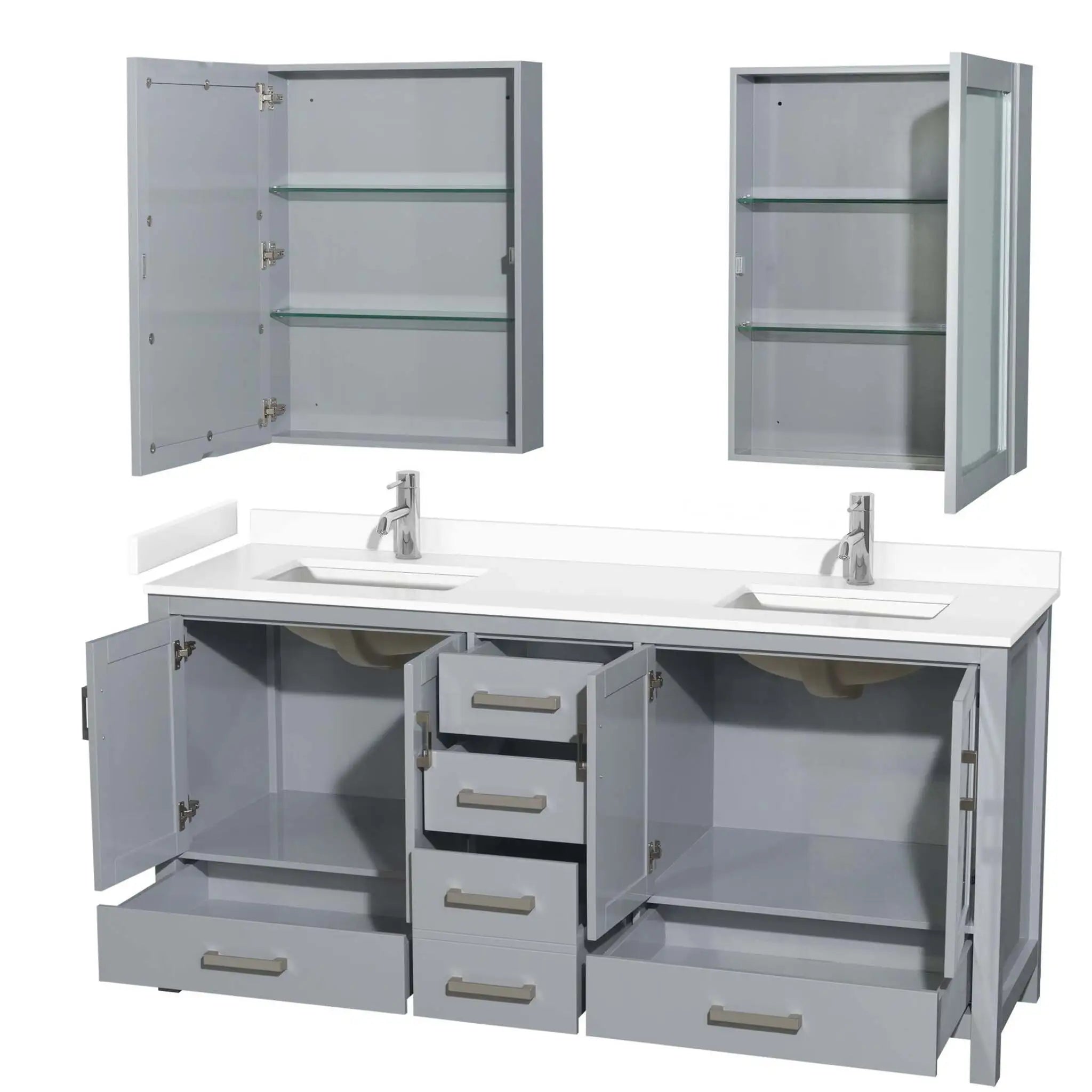 72" Sheffield Double Bathroom Vanity in Gray with Brushed Chrome Trim & Medicine Cabinet by Wyndham