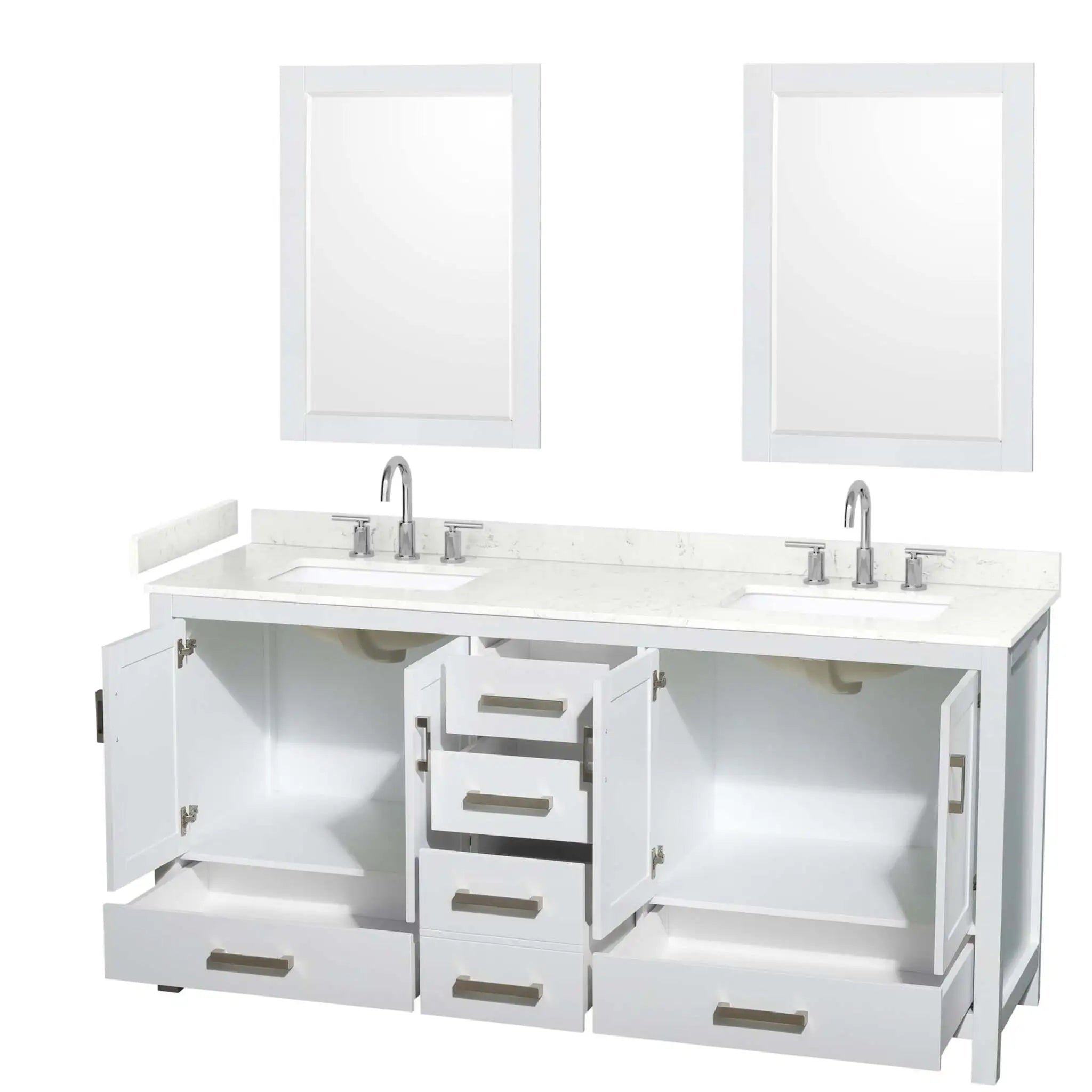 72" Sheffield Double Bathroom Vanity in White with Brushed Chrome Trim & 24" Mirror by Wyndham