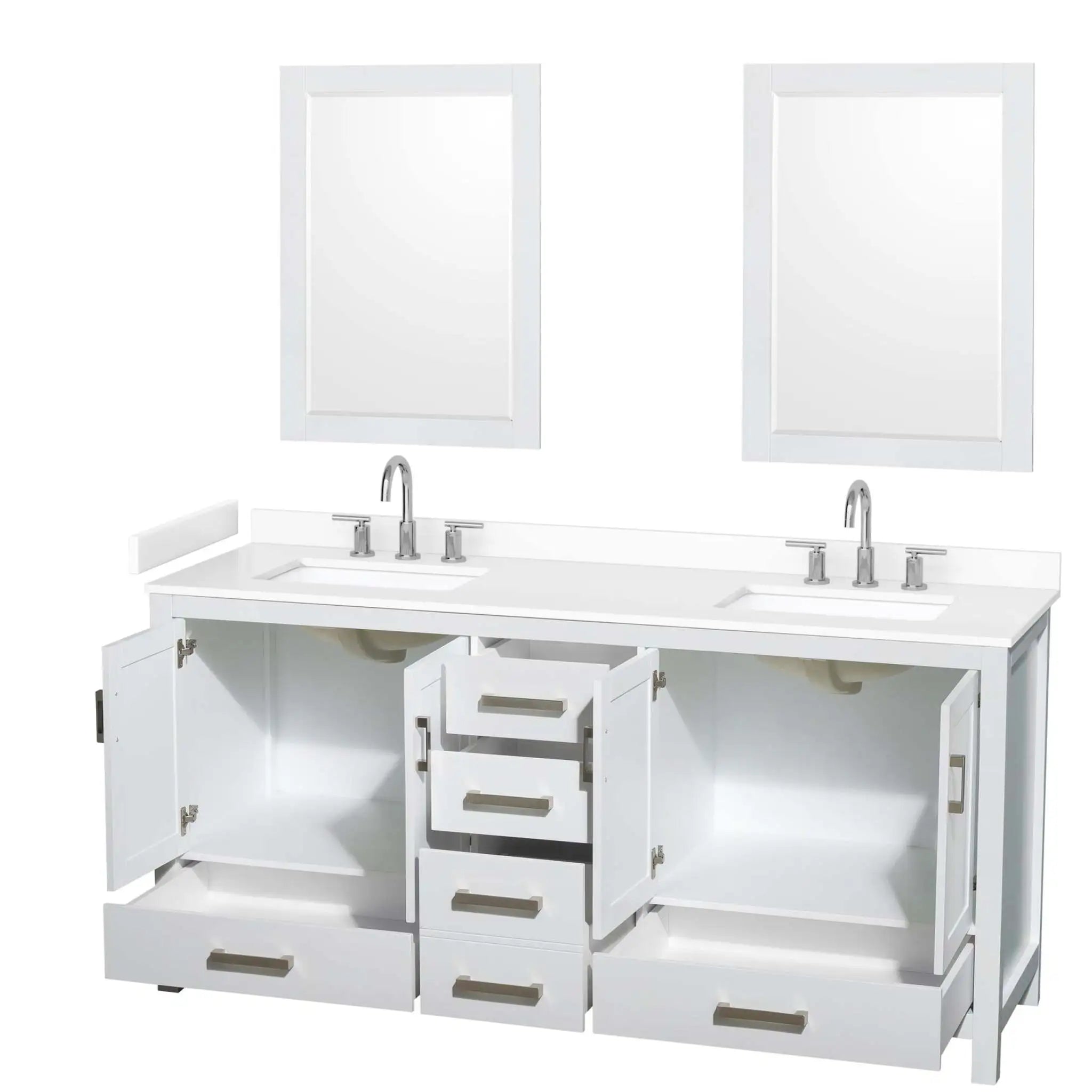 72" Sheffield Double Bathroom Vanity in White with Brushed Chrome Trim & 24" Mirror by Wyndham
