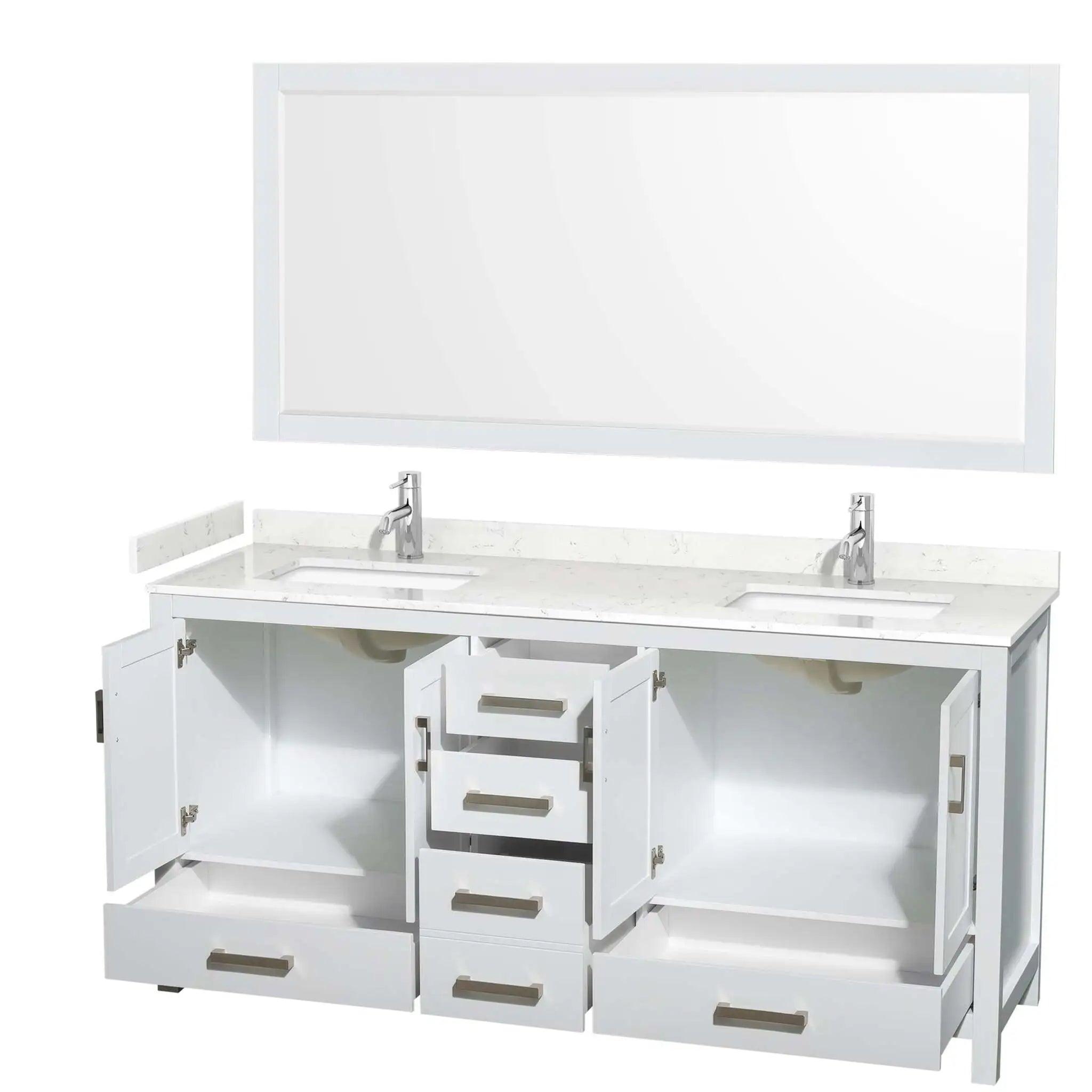72" Sheffield Double Bathroom Vanity in White with Brushed Chrome Trim & 70" Mirror by Wyndham