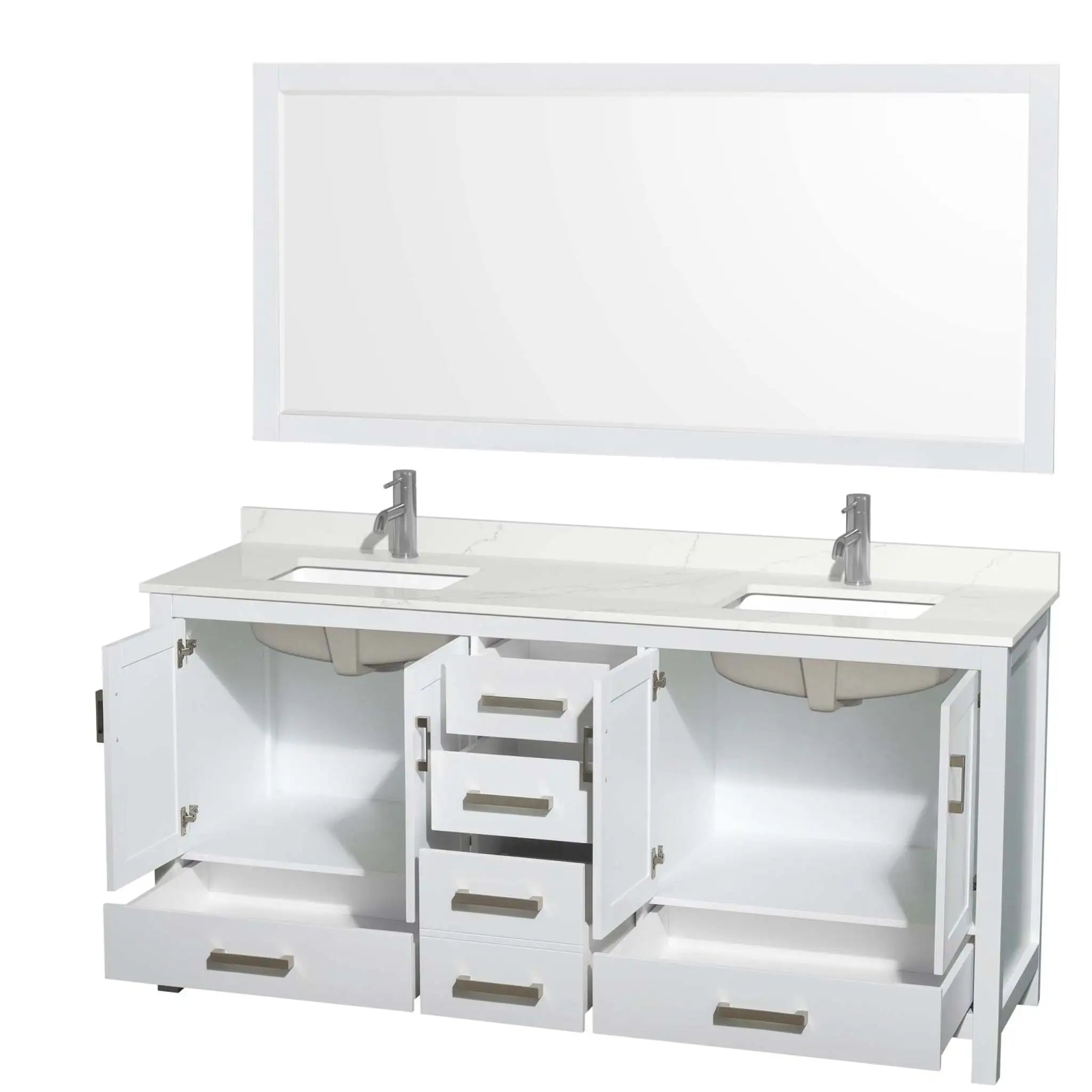 72" Sheffield Double Bathroom Vanity in White with Brushed Chrome Trim & 70" Mirror by Wyndham