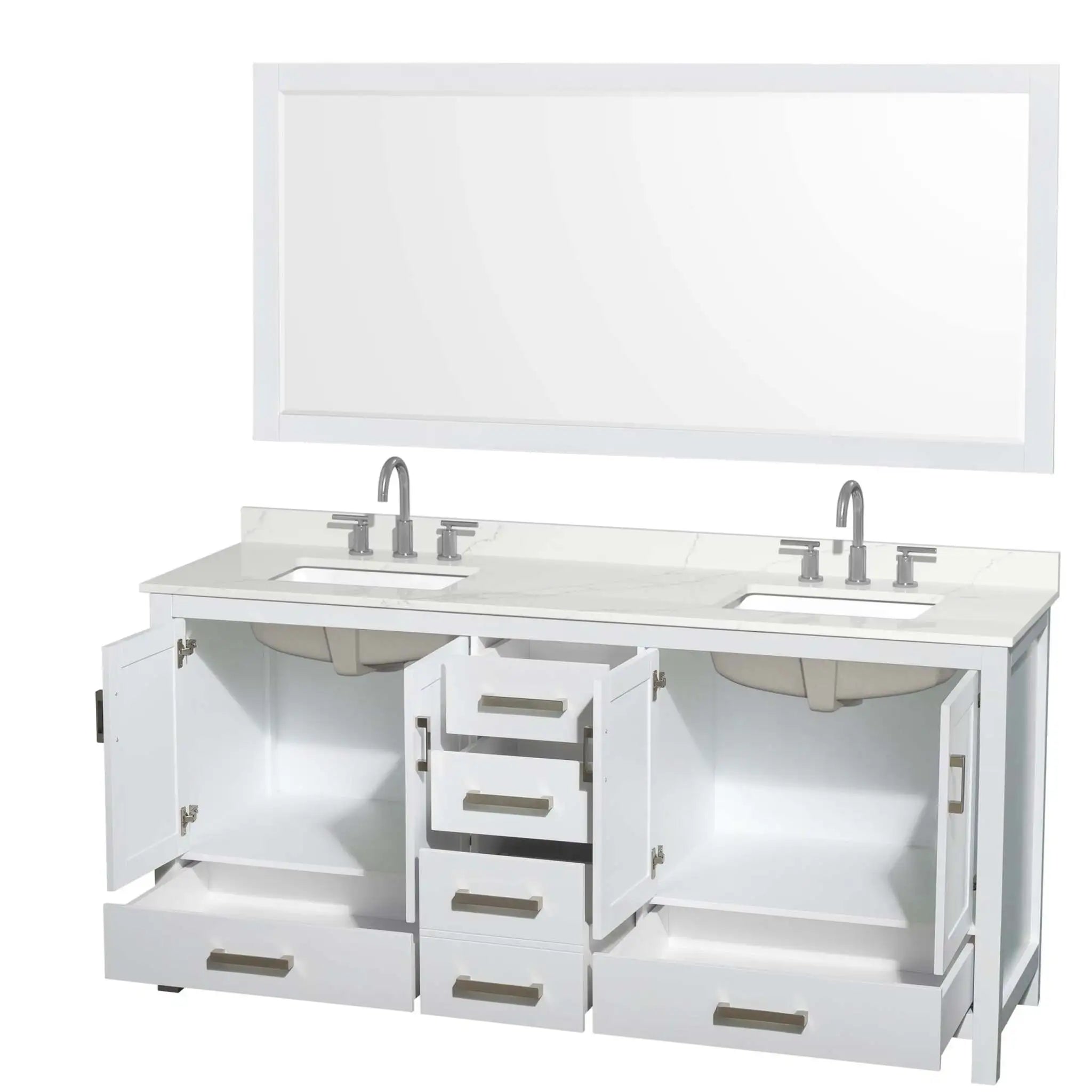 72" Sheffield Double Bathroom Vanity in White with Brushed Chrome Trim & 70" Mirror by Wyndham