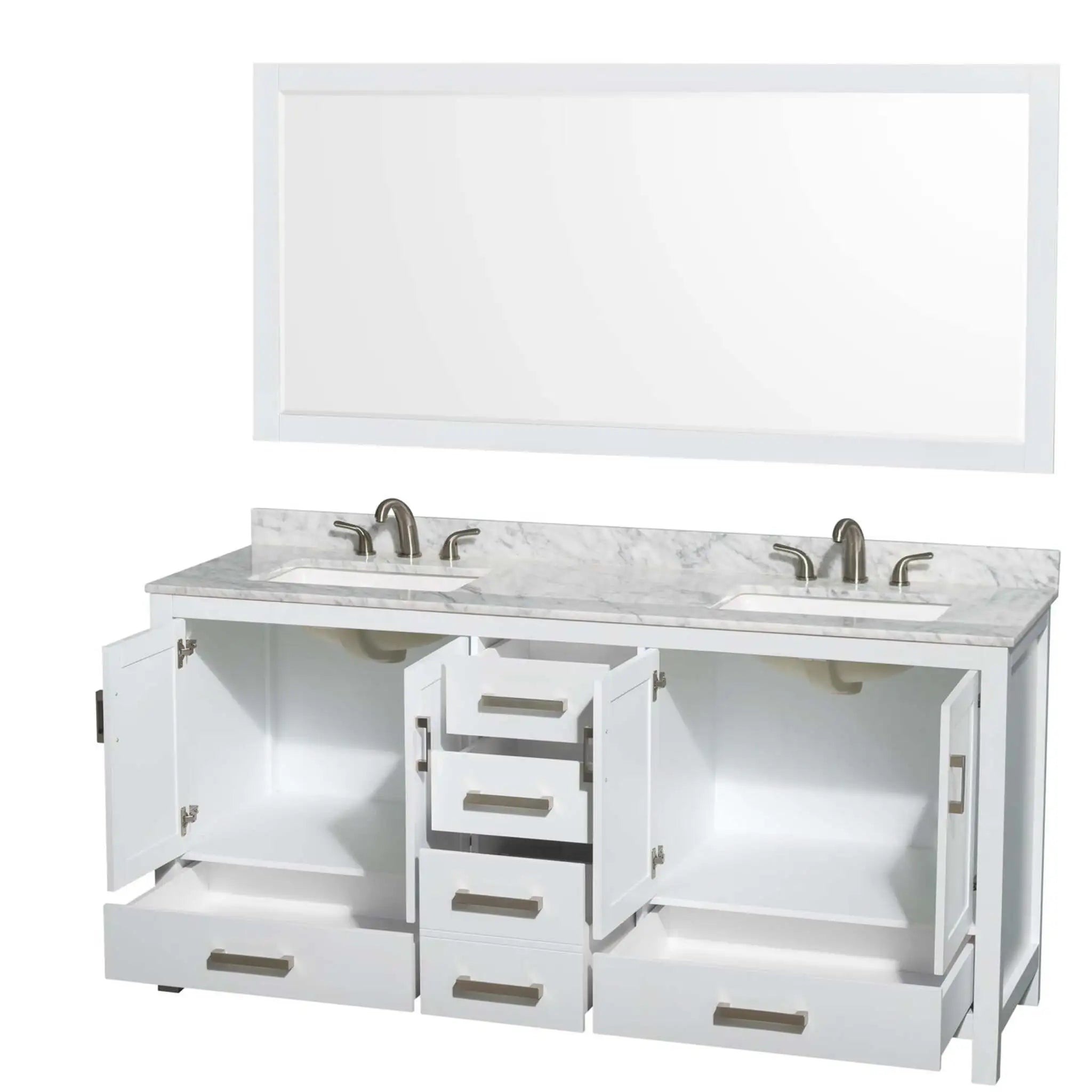 72" Sheffield Double Bathroom Vanity in White with Brushed Chrome Trim & 70" Mirror by Wyndham