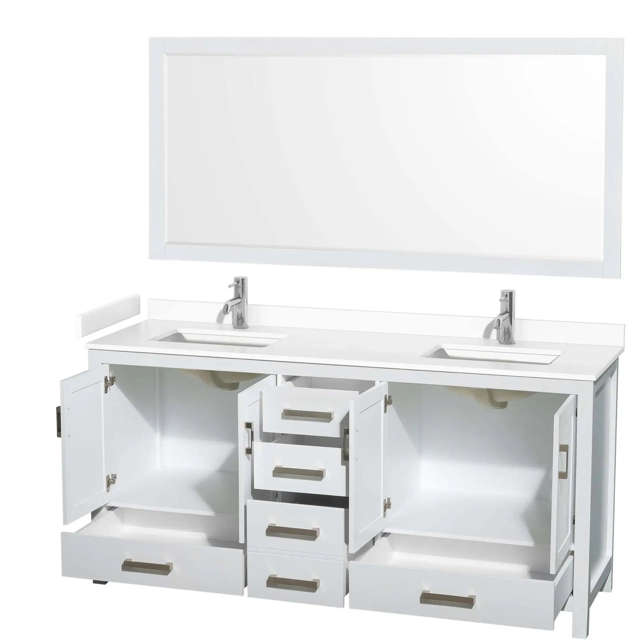 72" Sheffield Double Bathroom Vanity in White with Brushed Chrome Trim & 70" Mirror by Wyndham