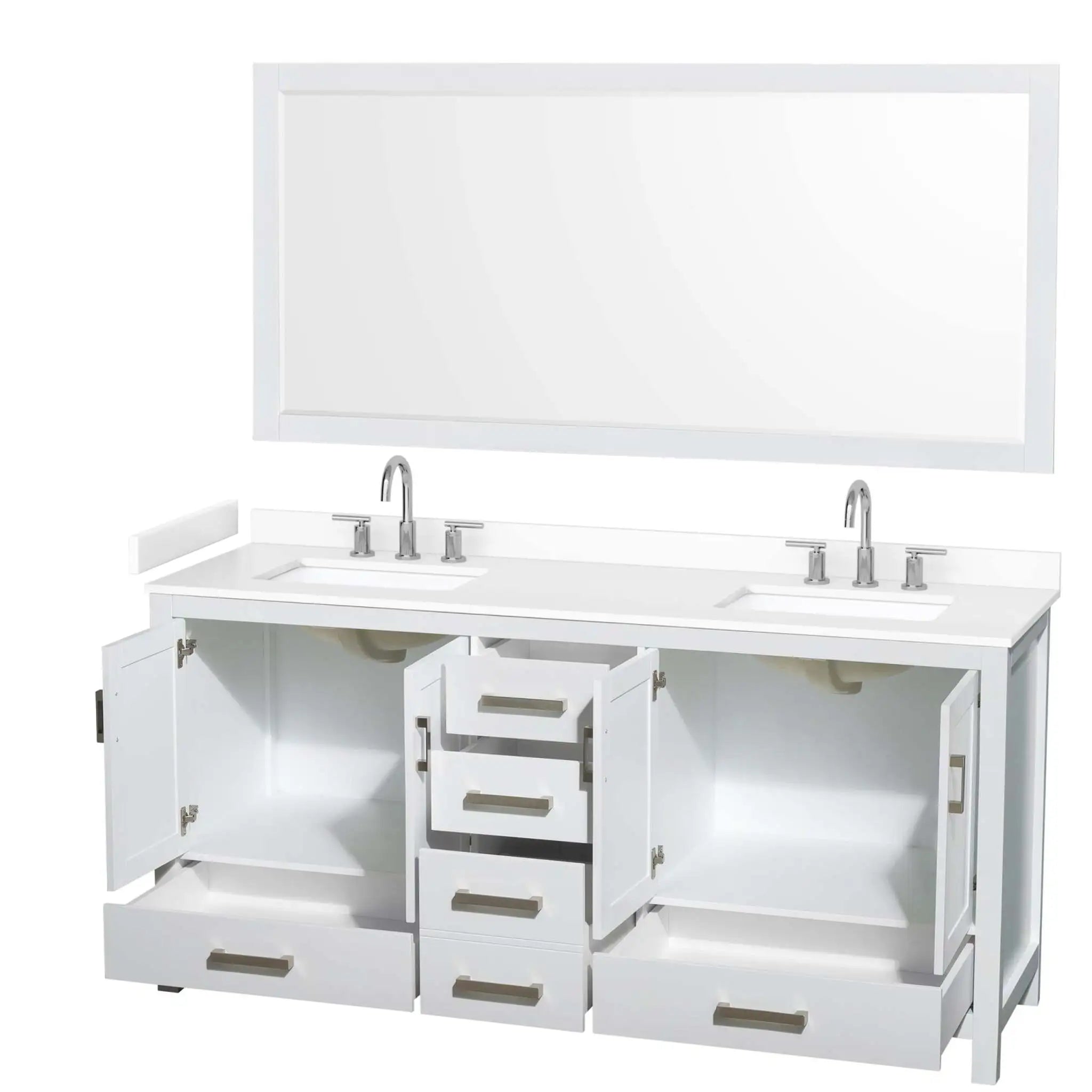 72" Sheffield Double Bathroom Vanity in White with Brushed Chrome Trim & 70" Mirror by Wyndham