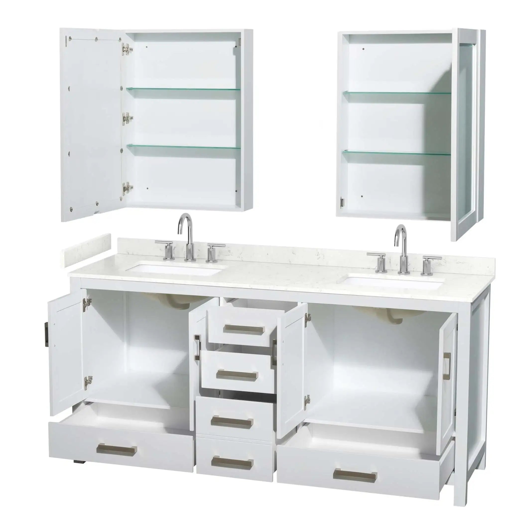 72" Sheffield Double Bathroom Vanity in White with Brushed Chrome Trim & Medicine Cabinet by Wyndham