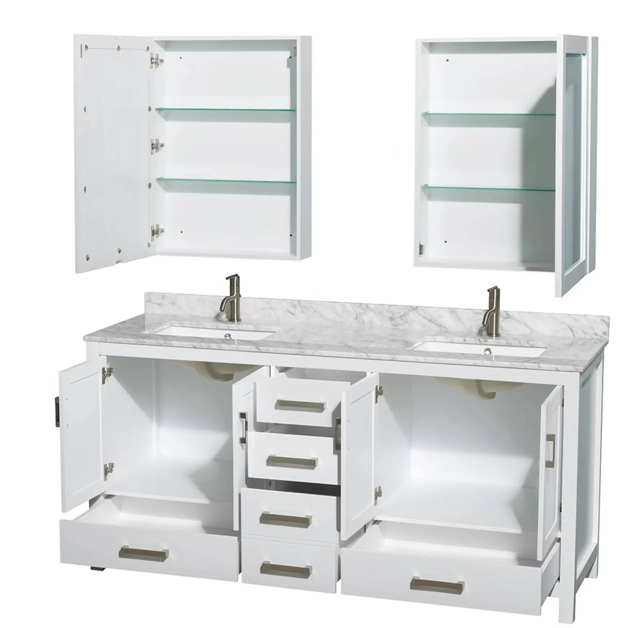 72" Sheffield Double Bathroom Vanity in White with Brushed Chrome Trim & Medicine Cabinet by Wyndham