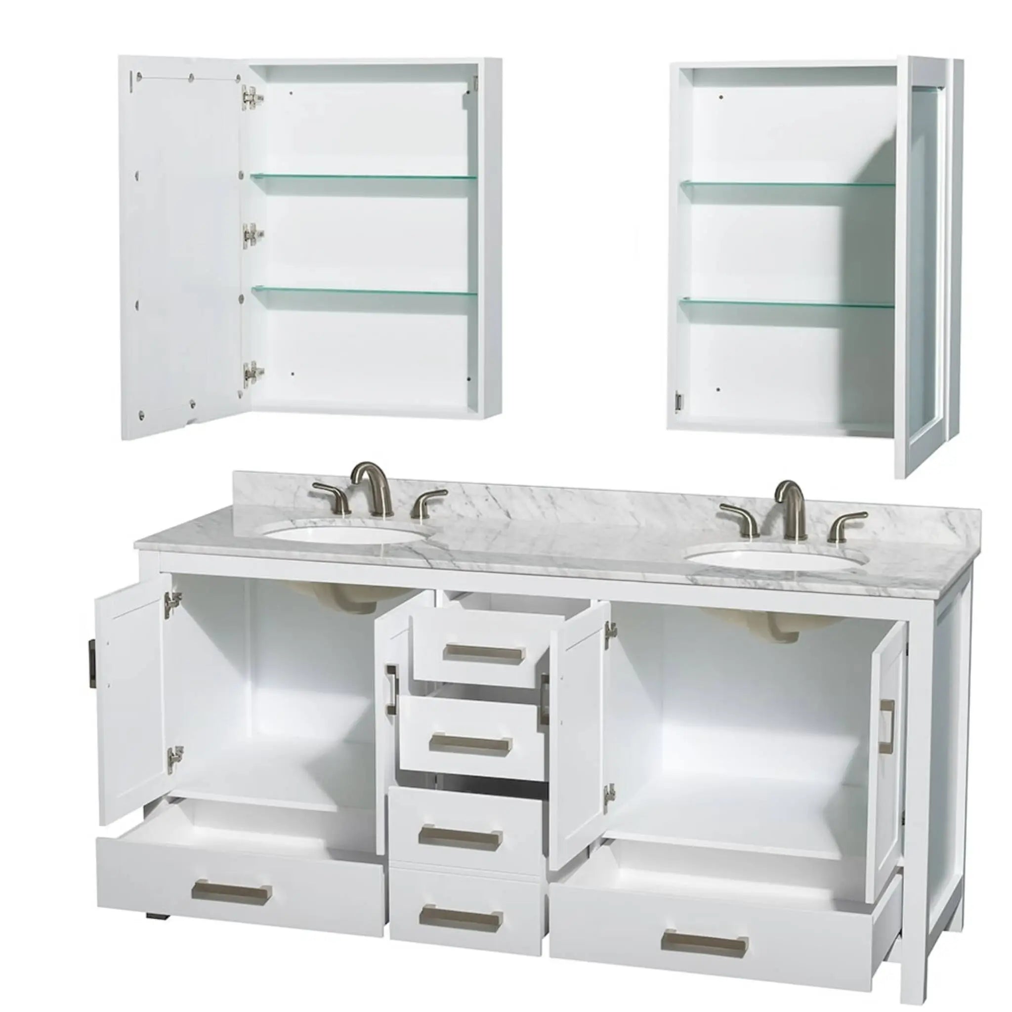 72" Sheffield Double Bathroom Vanity in White with Brushed Chrome Trim & Medicine Cabinet by Wyndham
