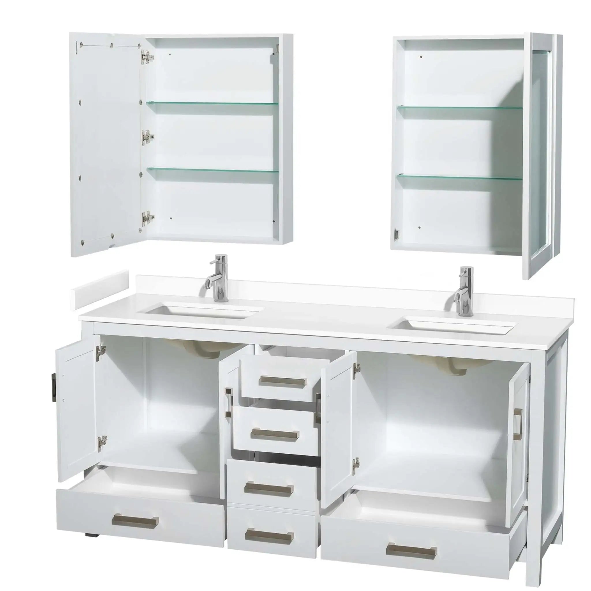 72" Sheffield Double Bathroom Vanity in White with Brushed Chrome Trim & Medicine Cabinet by Wyndham