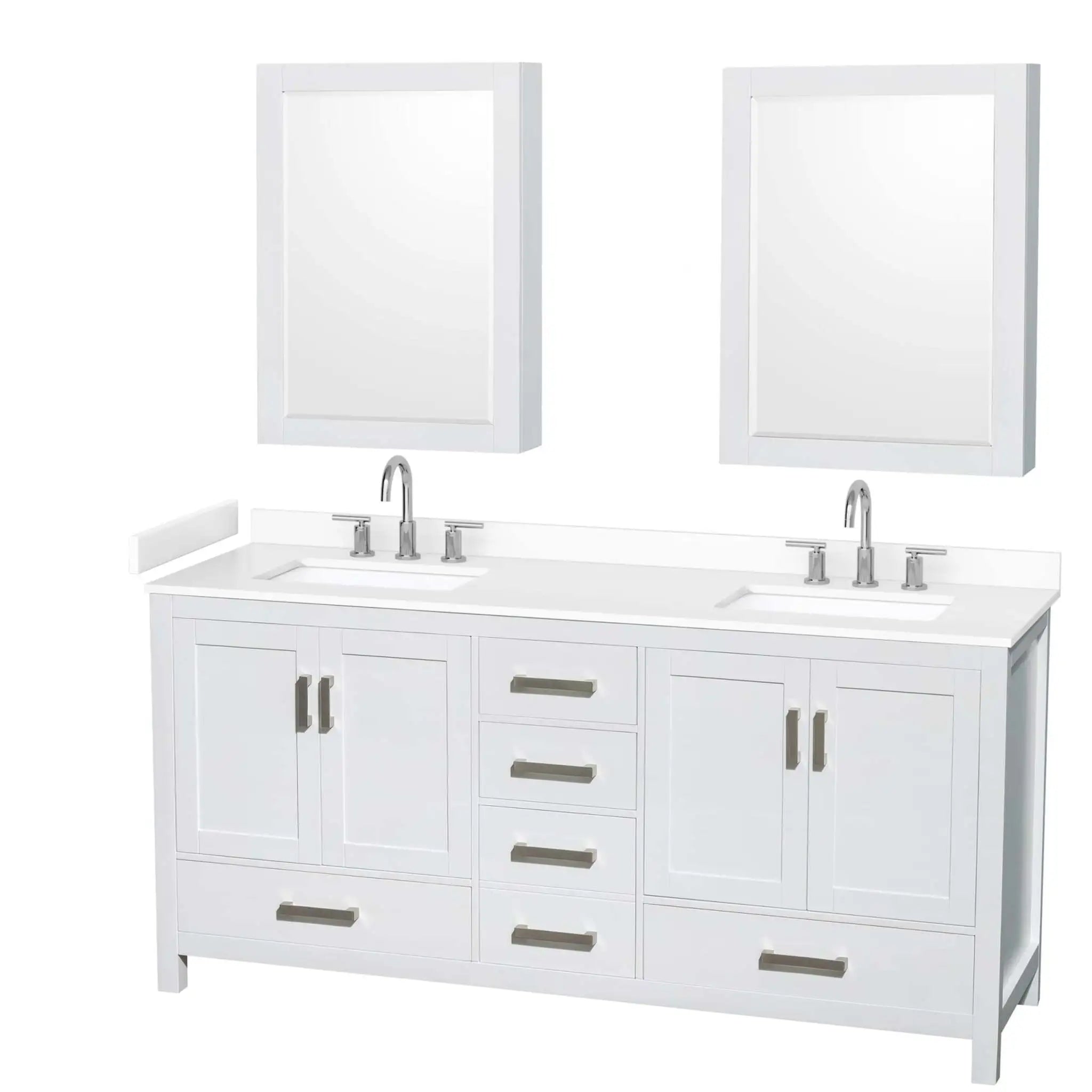 72" Sheffield Double Bathroom Vanity in White with Brushed Chrome Trim & Medicine Cabinet by Wyndham