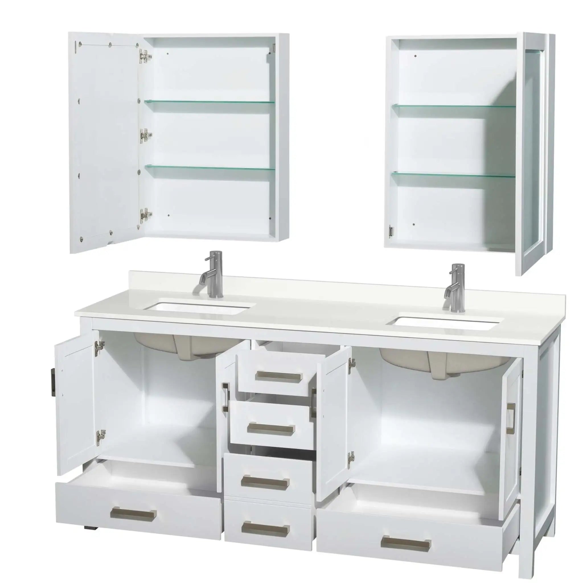 72" Sheffield Double Bathroom Vanity in White with Brushed Chrome Trim & Medicine Cabinet by Wyndham