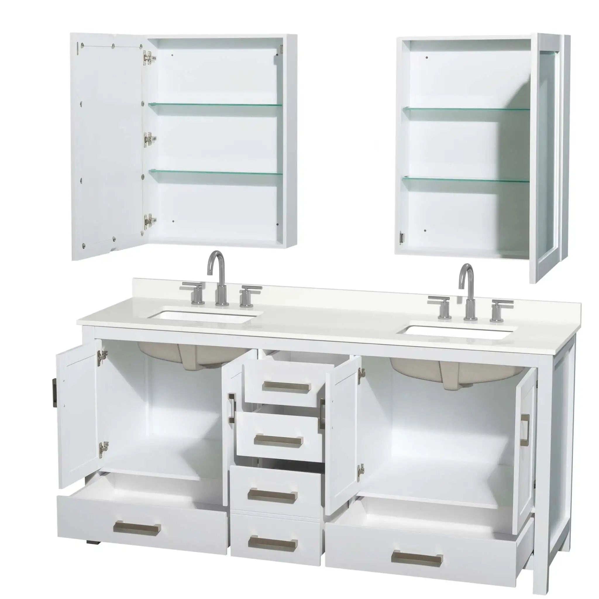 72" Sheffield Double Bathroom Vanity in White with Brushed Chrome Trim & Medicine Cabinet by Wyndham