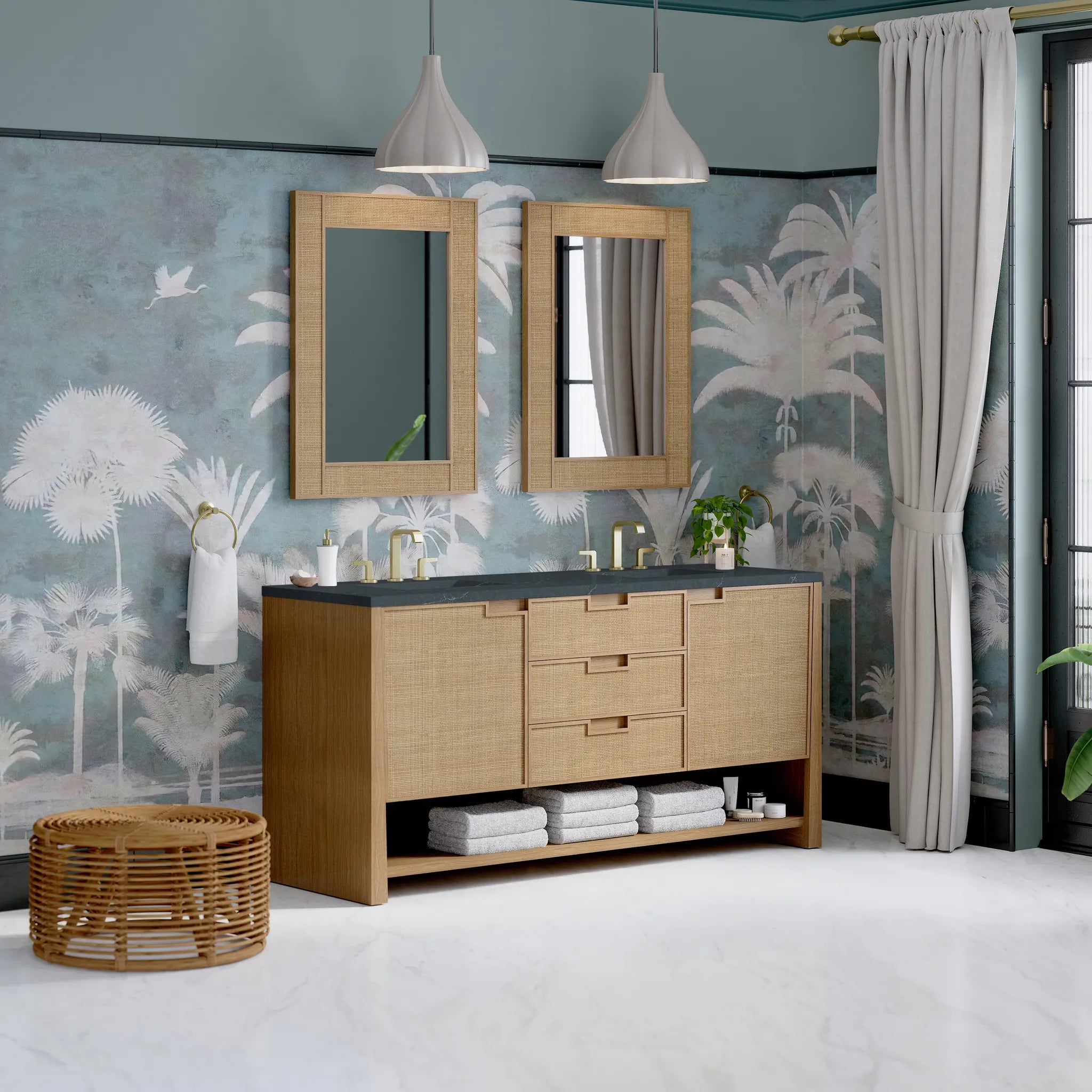 72" Solene Double Vanity in Seaside Oak-Charcoal Soapstone Silestone-8" Widespread image 3