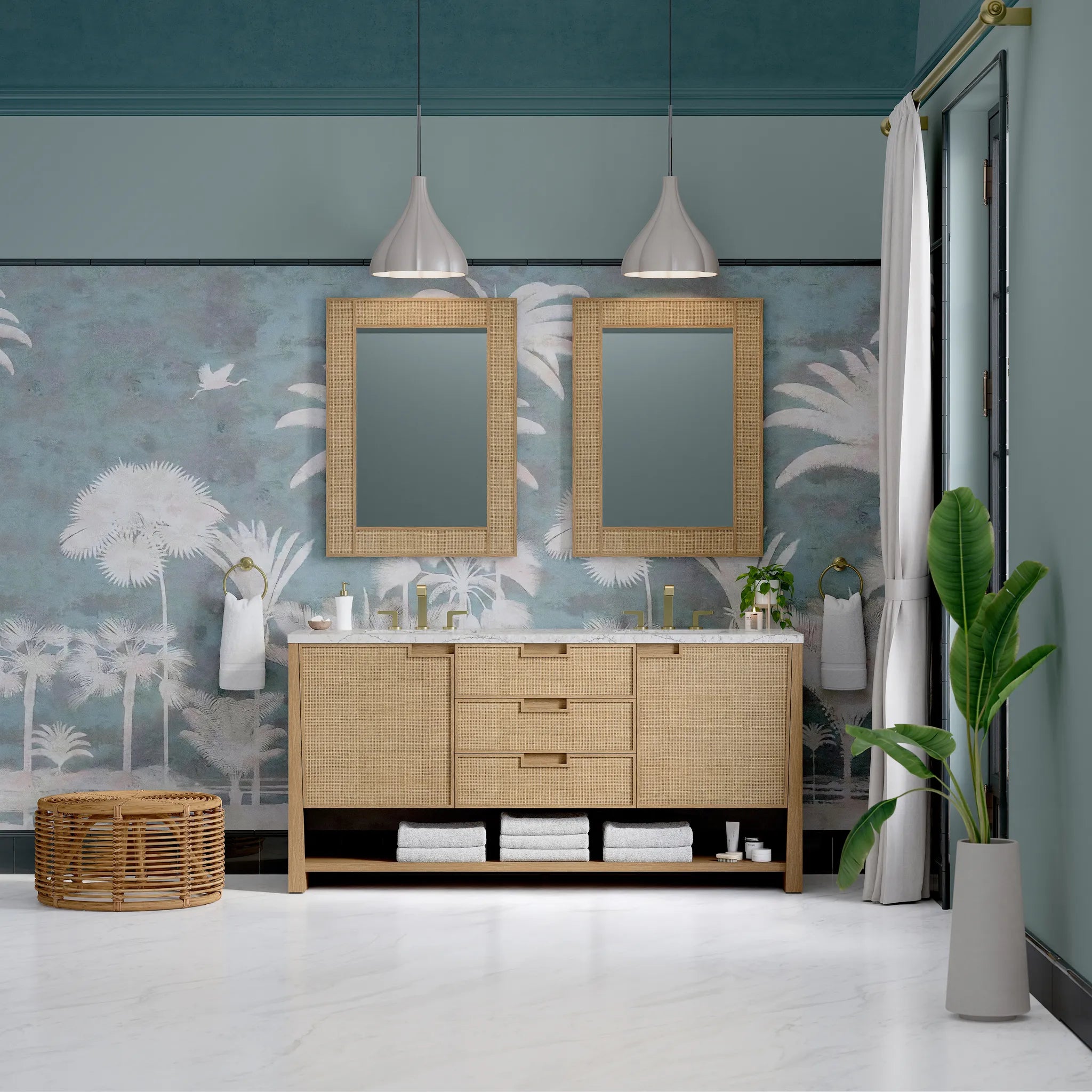 72" Solene Double Vanity in Seaside Oak w/FreePower Wireless Charger-Eternal Jasmine Pearl Silestone-8" Widespread image 4