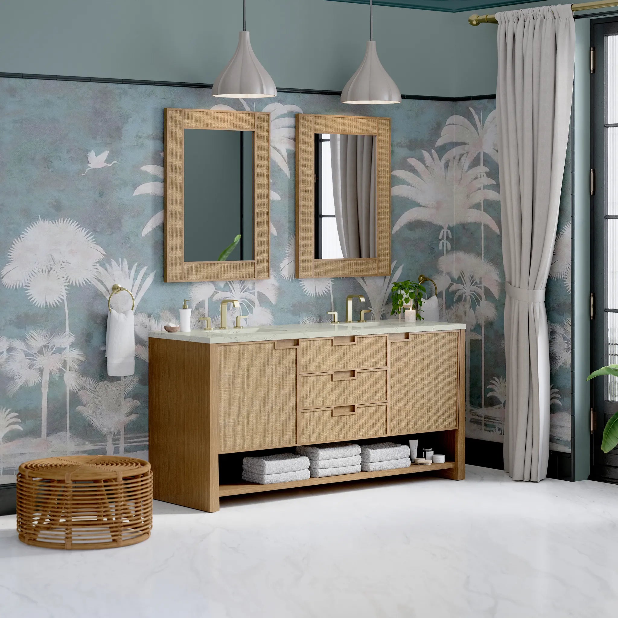 72" Solene Double Vanity in Seaside Oak w/FreePower Wireless Charger-Victorian Silver Silestone-8" Widespread image 5