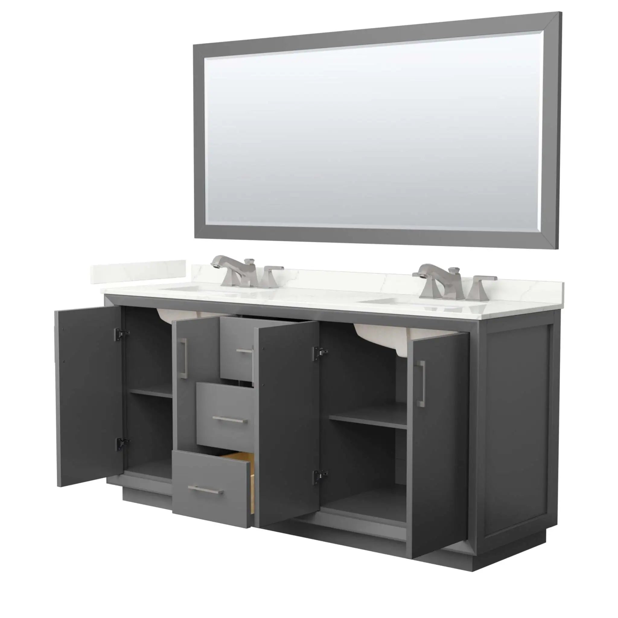72" Strada Double Bathroom Vanity in Dark Gray with Brushed Nickel Trim & 70" Mirror by Wyndham