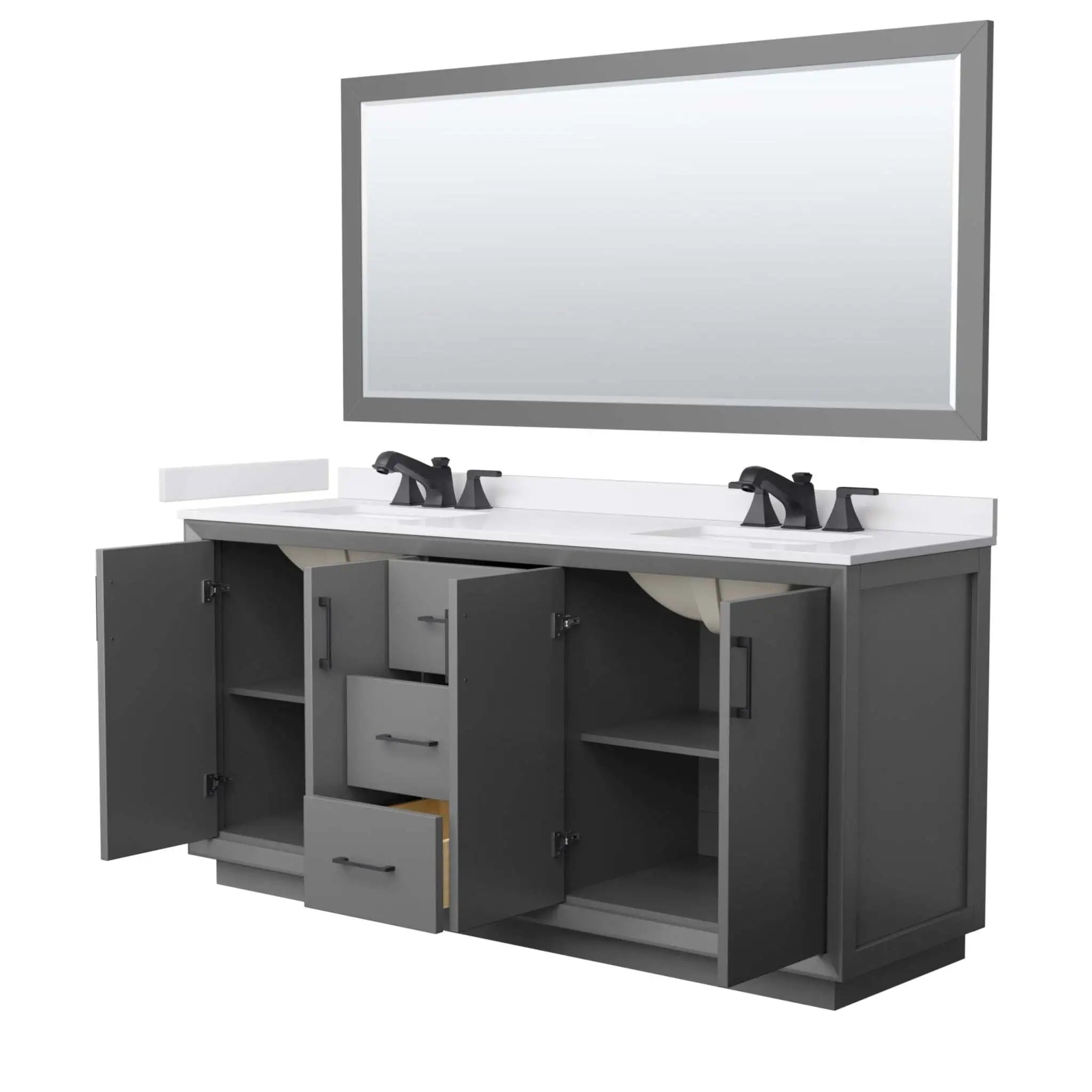 72" Strada Double Bathroom Vanity in Dark Gray with Matte Black Trim & 70" Mirror by Wyndham