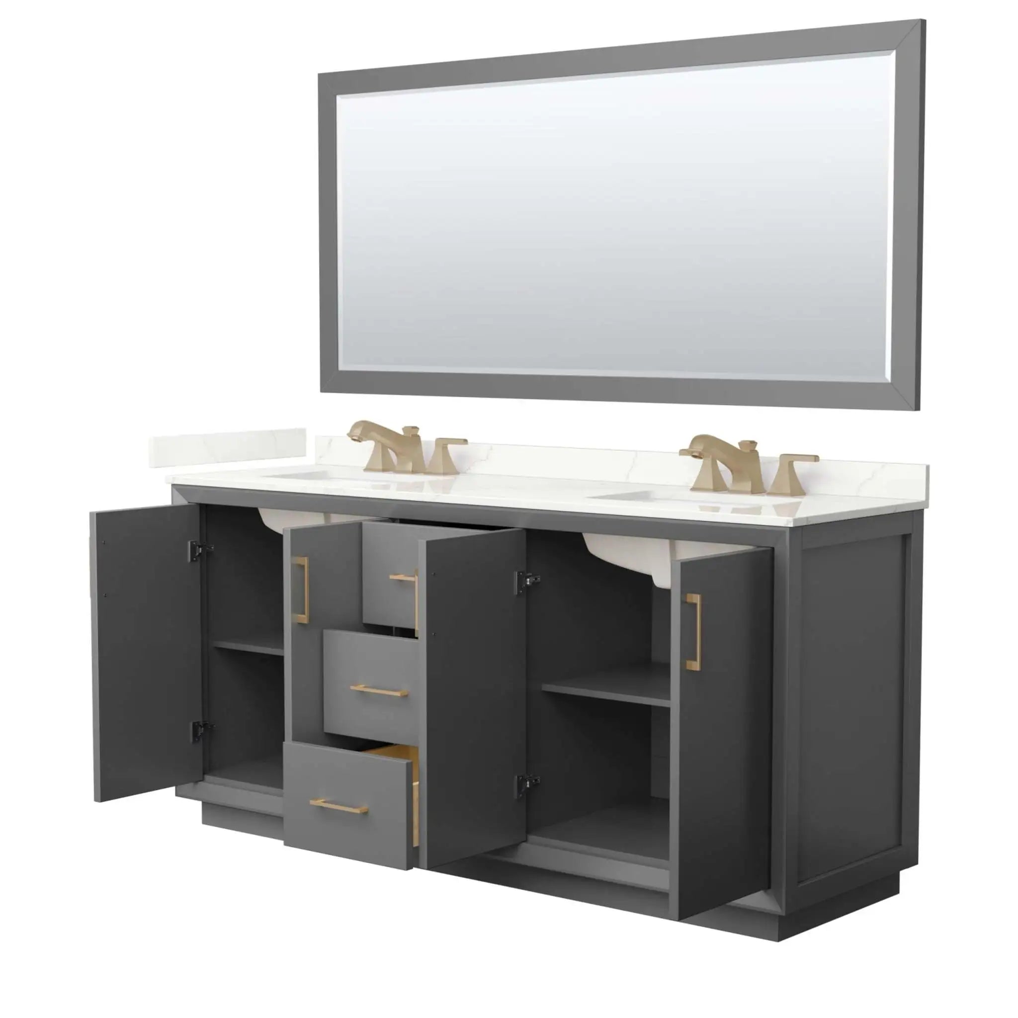 72" Strada Double Bathroom Vanity in Dark Gray with Satin Bronze Trim & 70" Mirror by Wyndham
