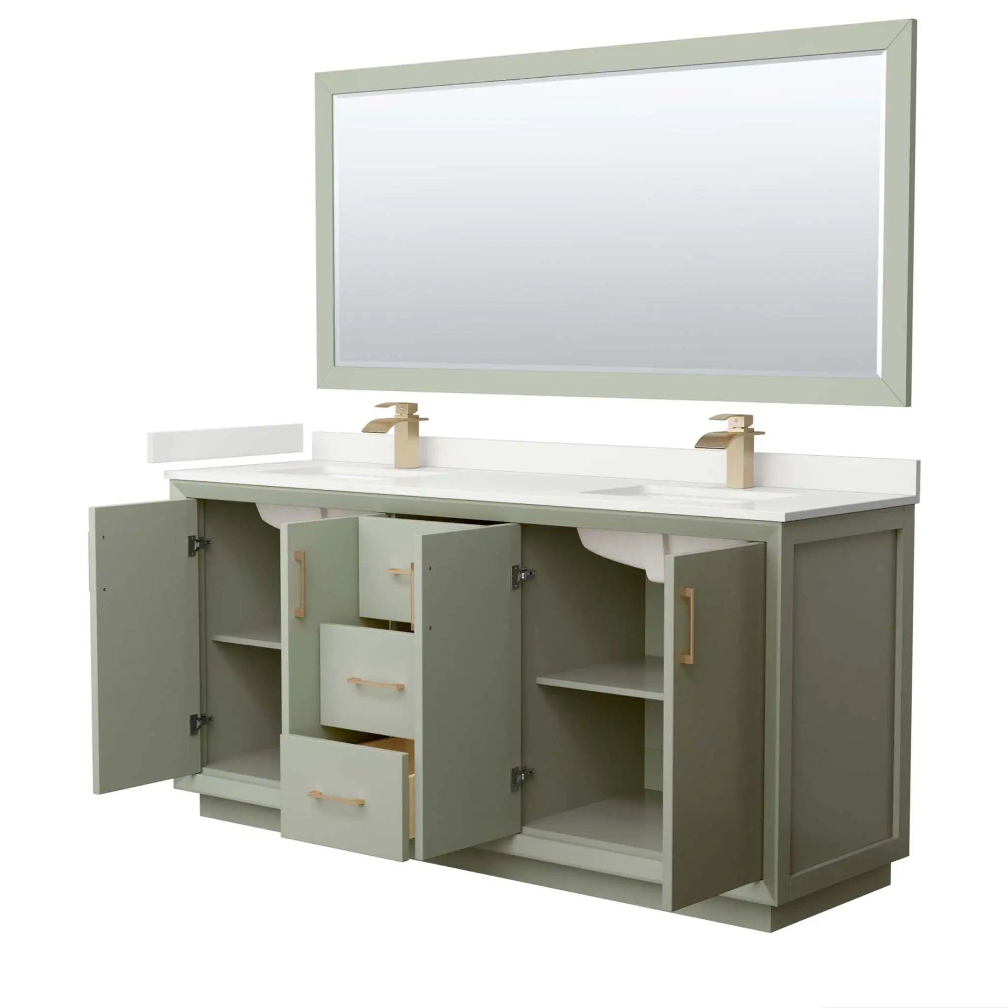 72" Strada Double Bathroom Vanity in Light Green with Satin Bronze Trim & 70" Mirror by Wyndham