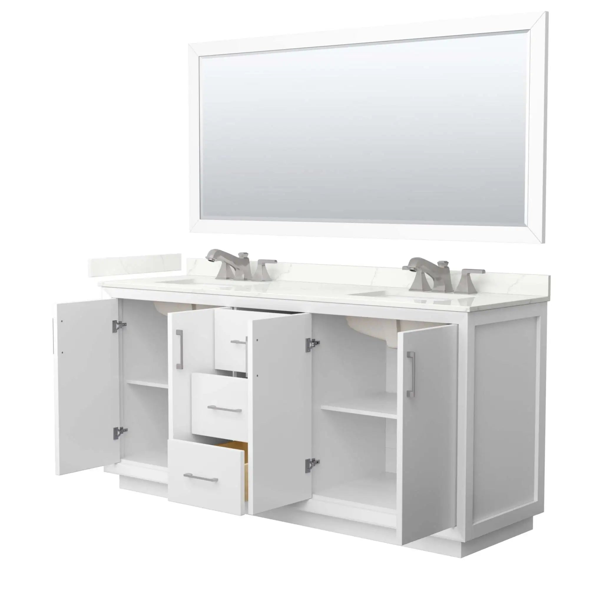 72" Strada Double Bathroom Vanity in White with Brushed Nickel Trim & 70" Mirror by Wyndham