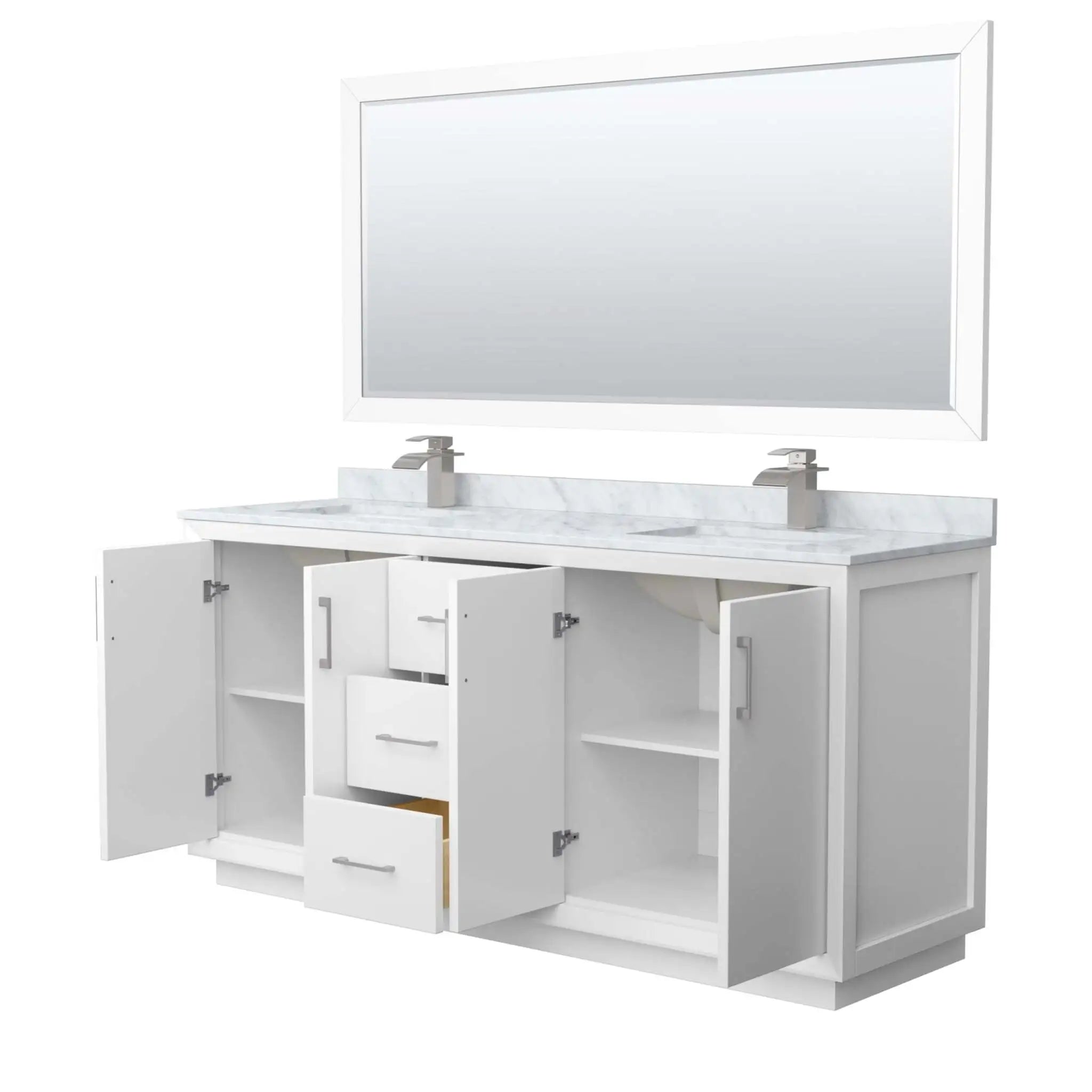72" Strada Double Bathroom Vanity in White with Brushed Nickel Trim & 70" Mirror by Wyndham