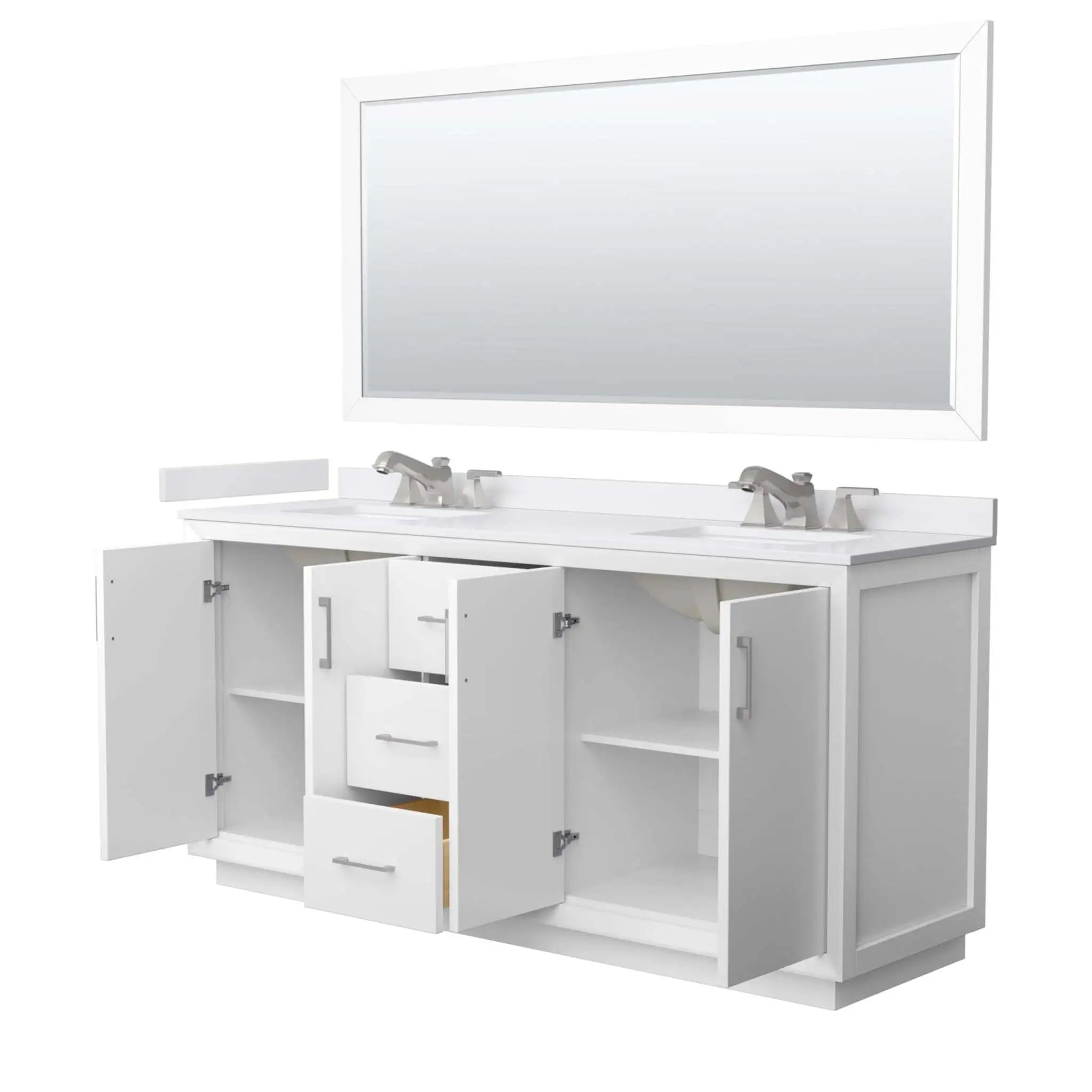 72" Strada Double Bathroom Vanity in White with Brushed Nickel Trim & 70" Mirror by Wyndham
