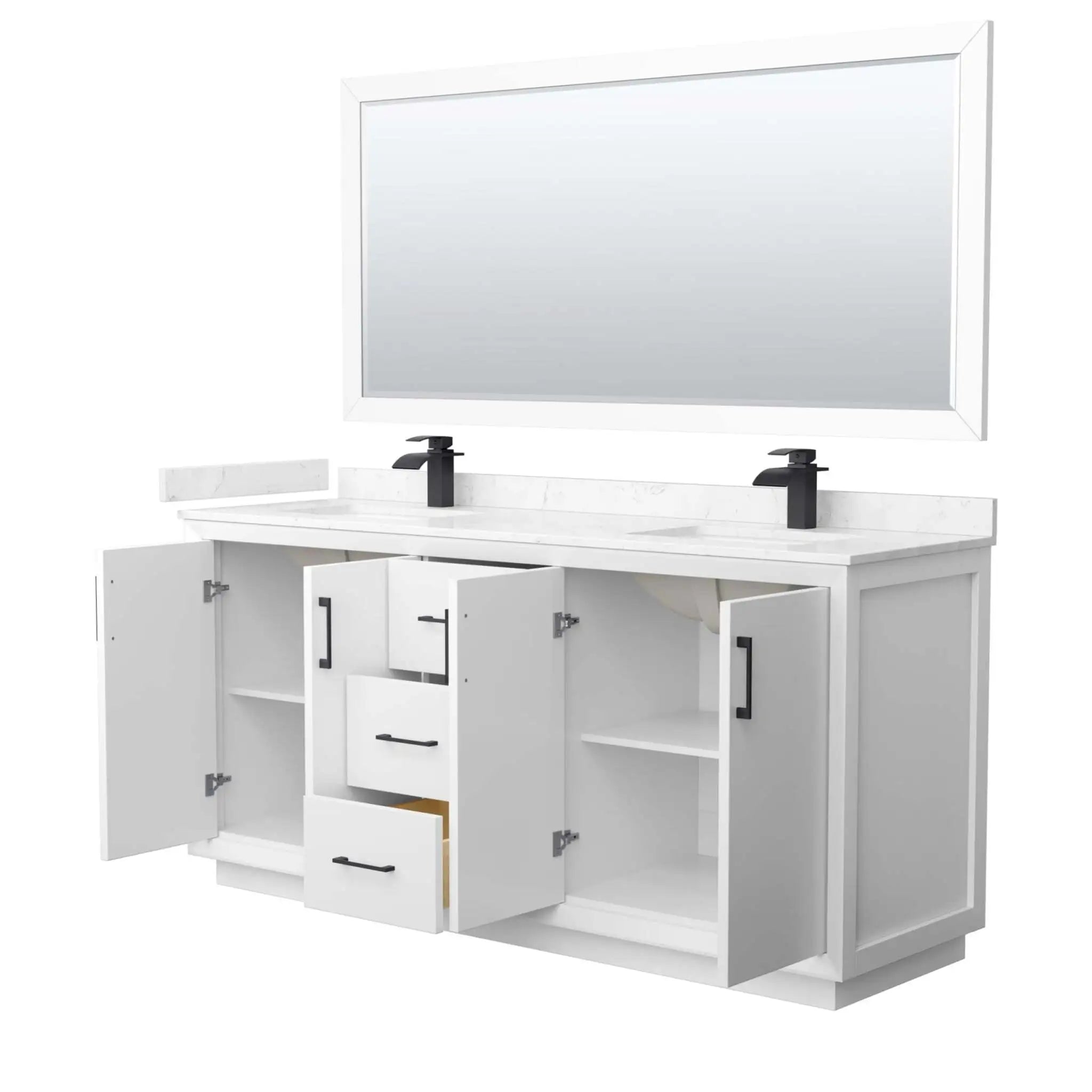 72" Strada Double Bathroom Vanity in White with Matte Black Trim & 70" Mirror by Wyndham