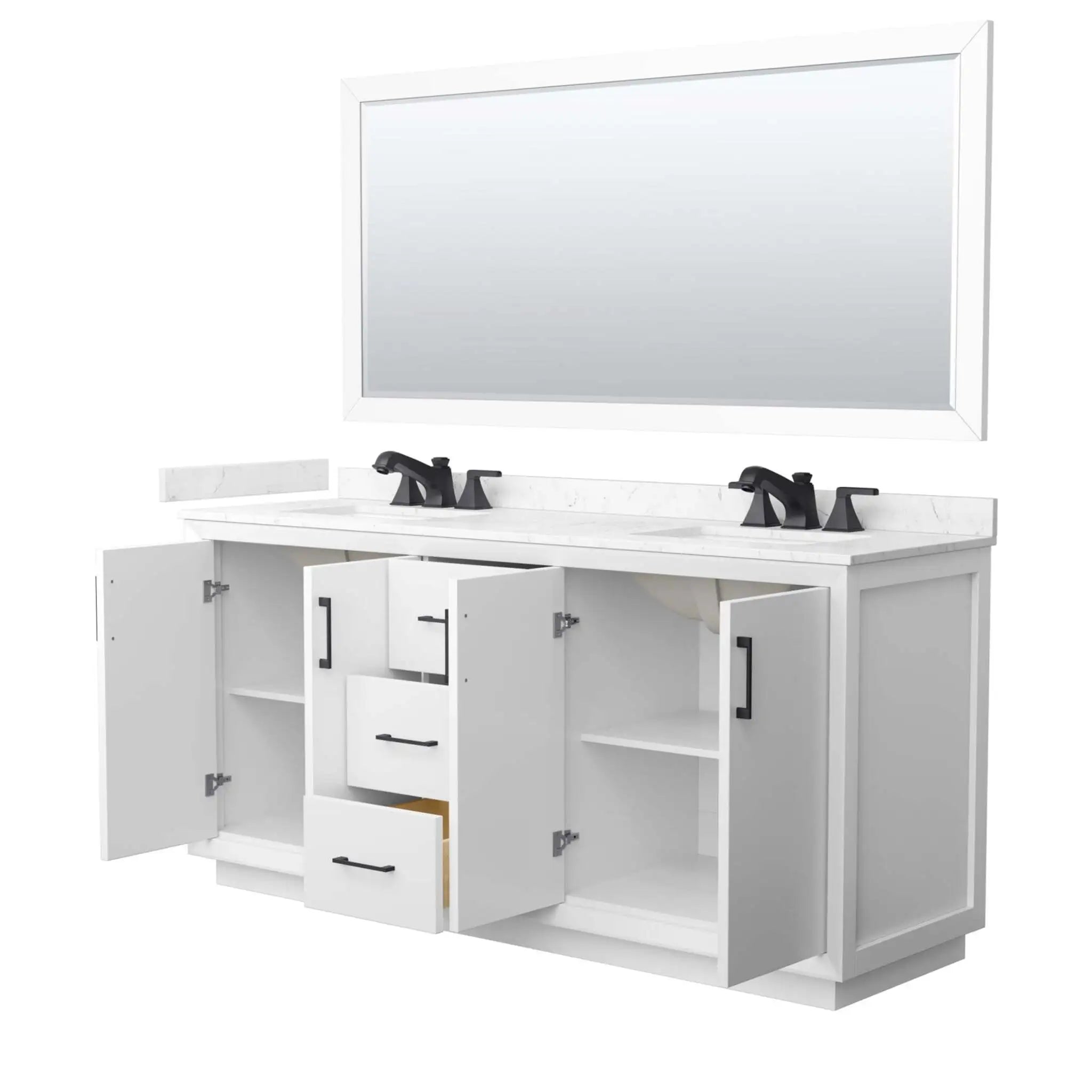 72" Strada Double Bathroom Vanity in White with Matte Black Trim & 70" Mirror by Wyndham