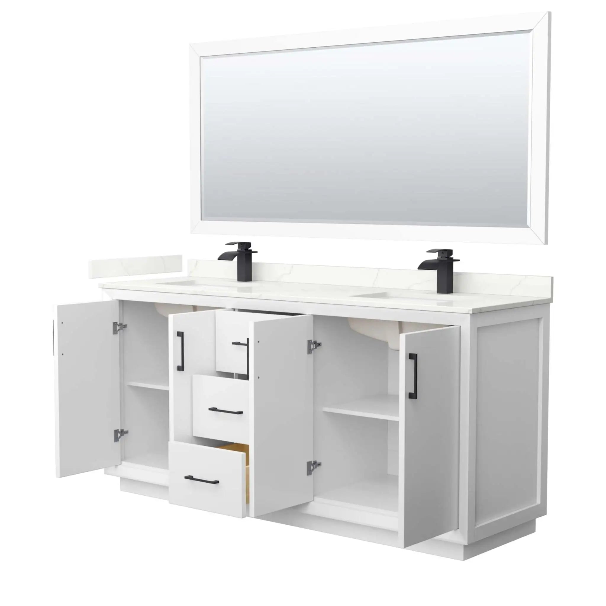 72" Strada Double Bathroom Vanity in White with Matte Black Trim & 70" Mirror by Wyndham