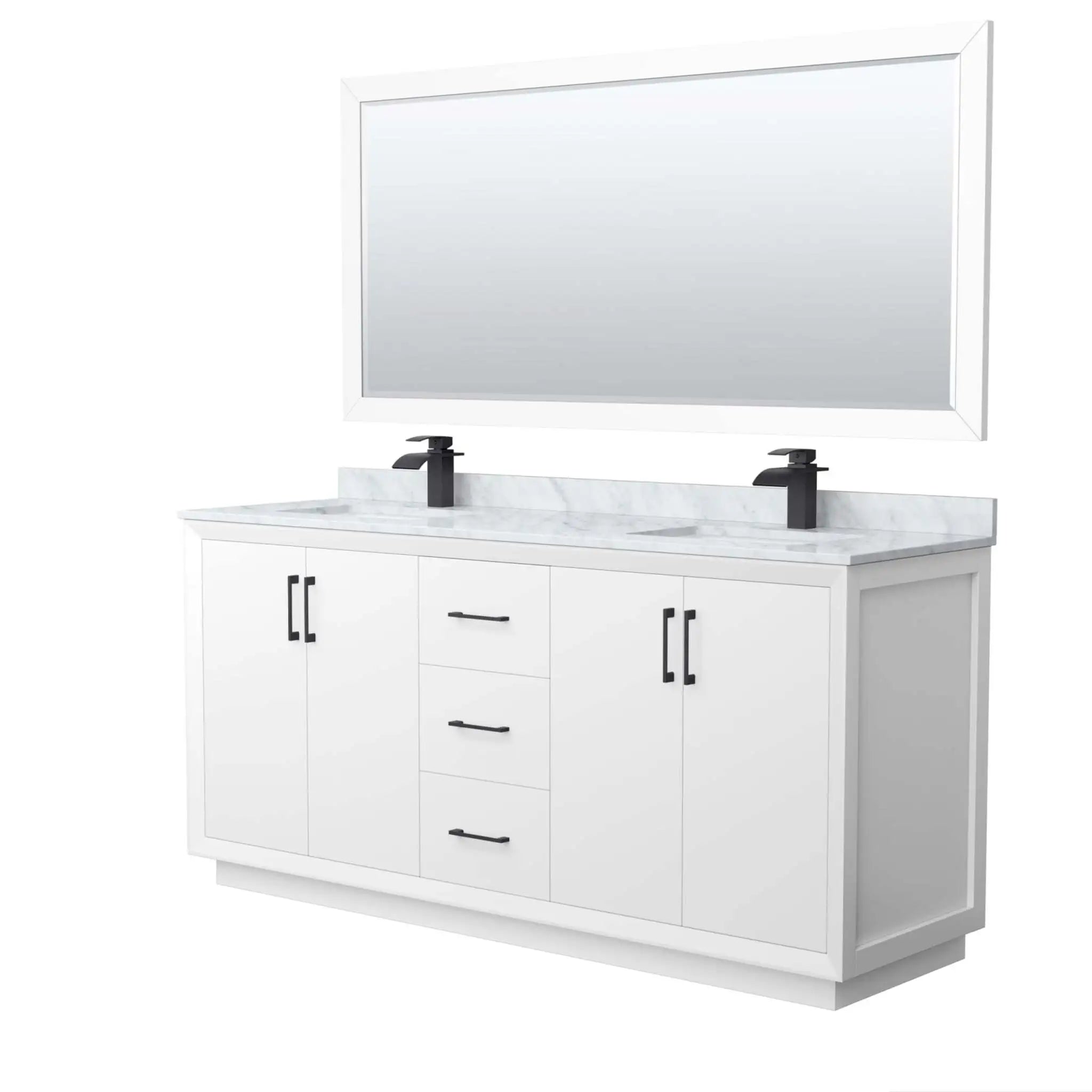 72" Strada Double Bathroom Vanity in White with Matte Black Trim & 70" Mirror by Wyndham
