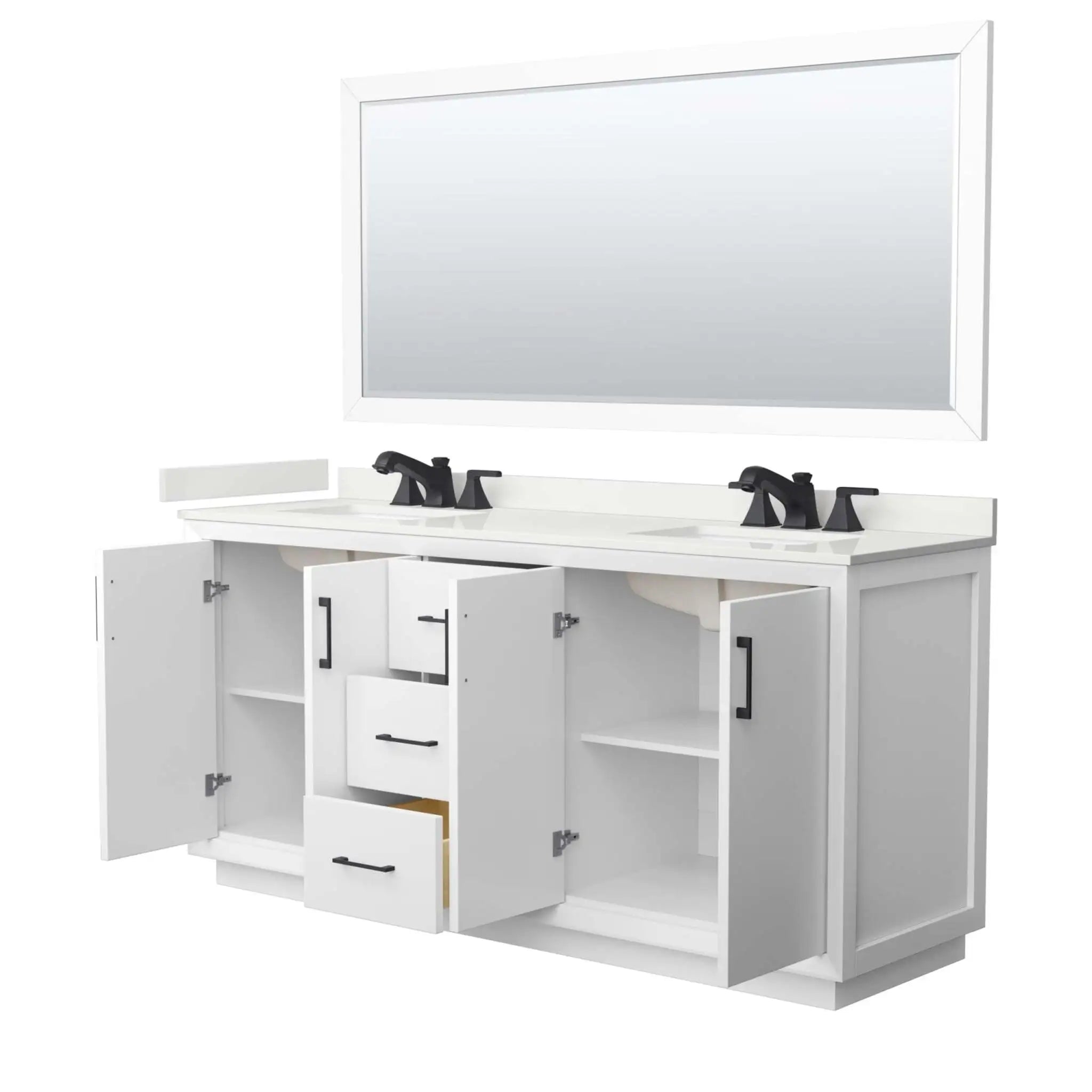 72" Strada Double Bathroom Vanity in White with Matte Black Trim & 70" Mirror by Wyndham