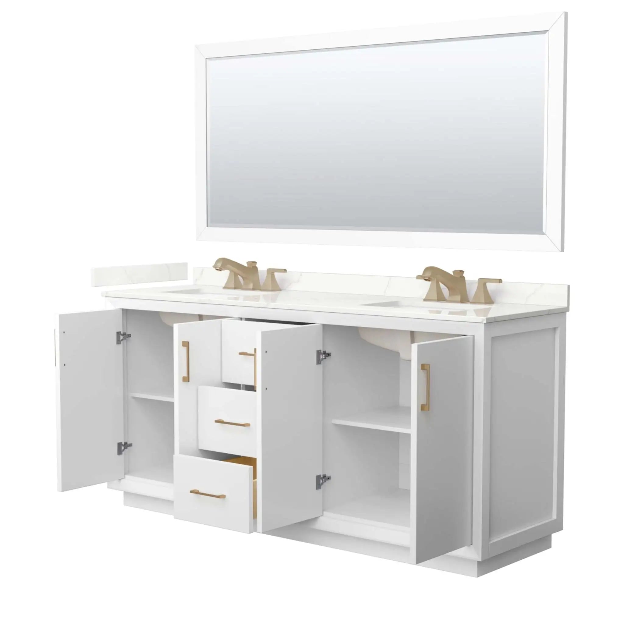 72" Strada Double Bathroom Vanity in White with Satin Bronze Trim & 70" Mirror by Wyndham