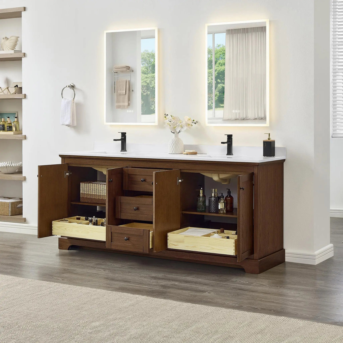 80" Avery Double Bathroom Vanity Dark Walnut Matte Black Trim by wyndham View 7