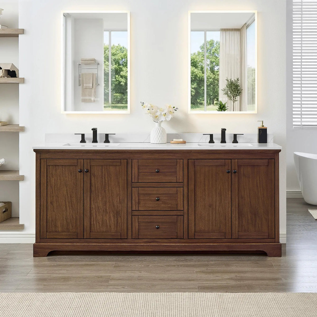 80" Avery Double Bathroom Vanity Dark Walnut Matte Black Trim by wyndham View 39