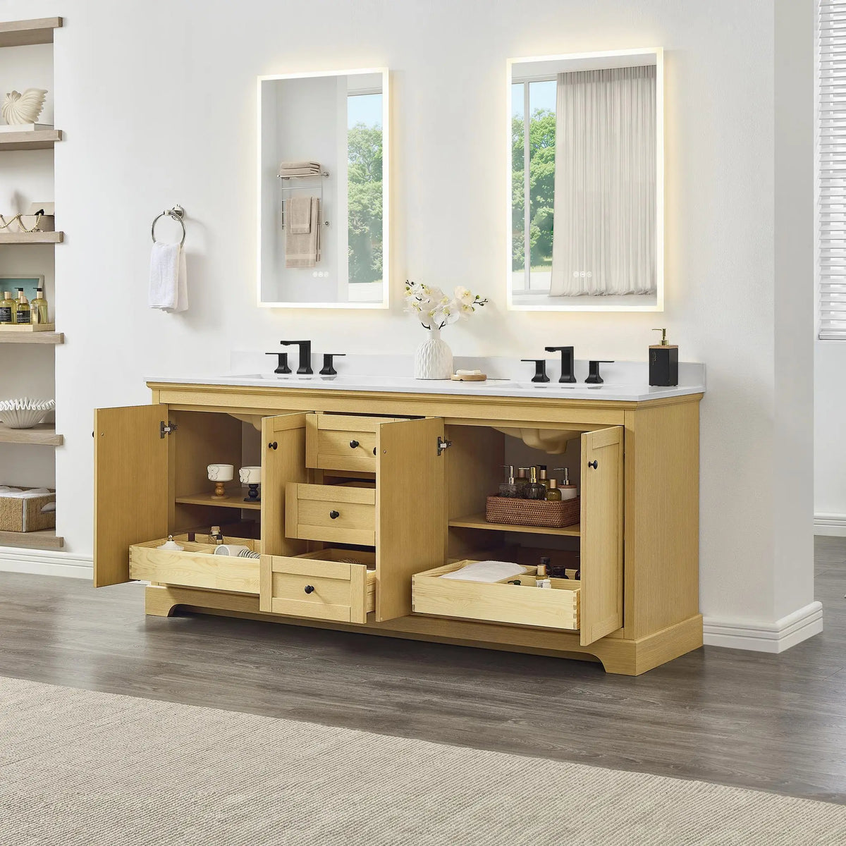 80" Avery Double Bathroom Vanity Honey Oak Matte Black Trim by wyndham View 37