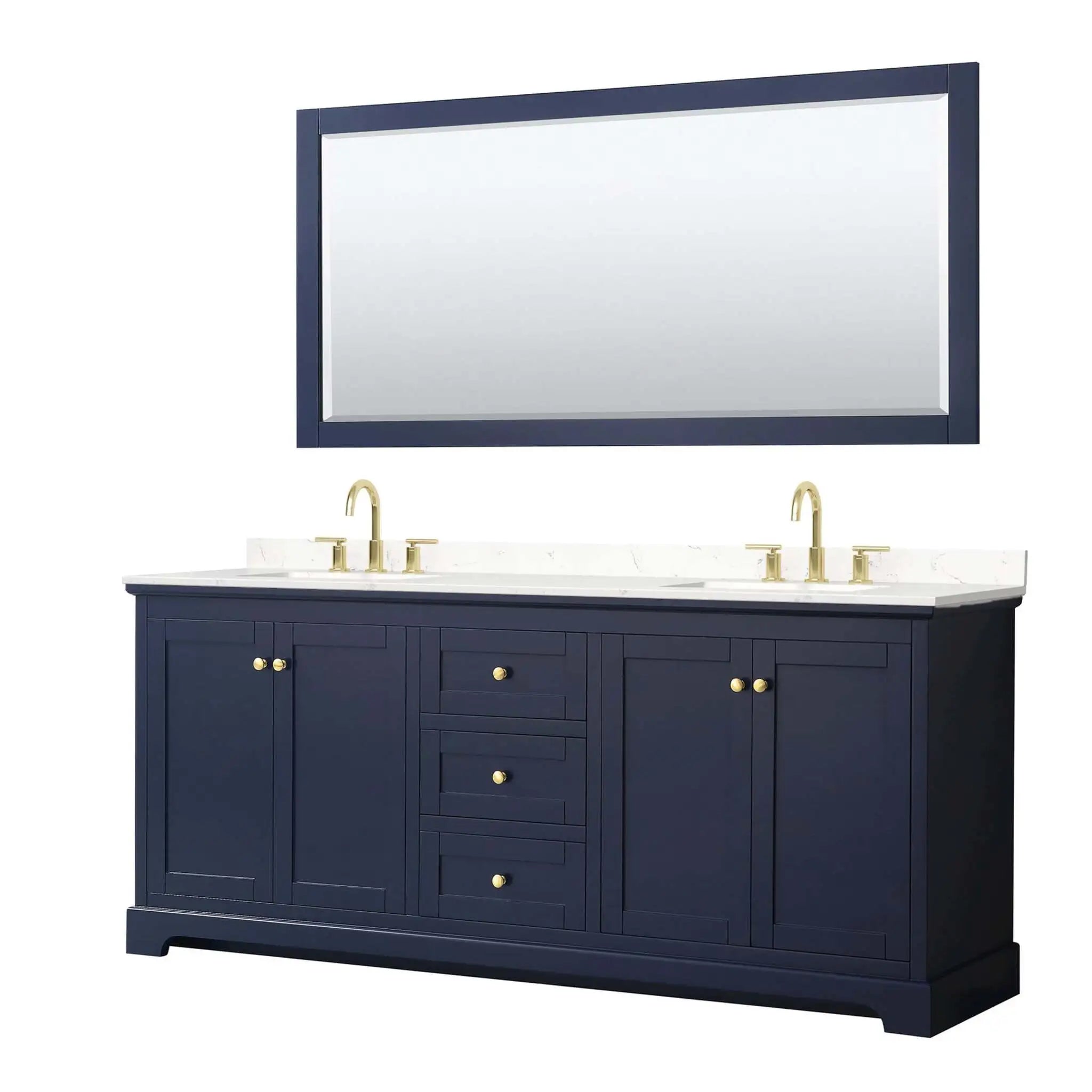 80" Avery Double Bathroom Vanity in Dark Blue with Brushed Gold Trim & 70" Mirror by Wyndham