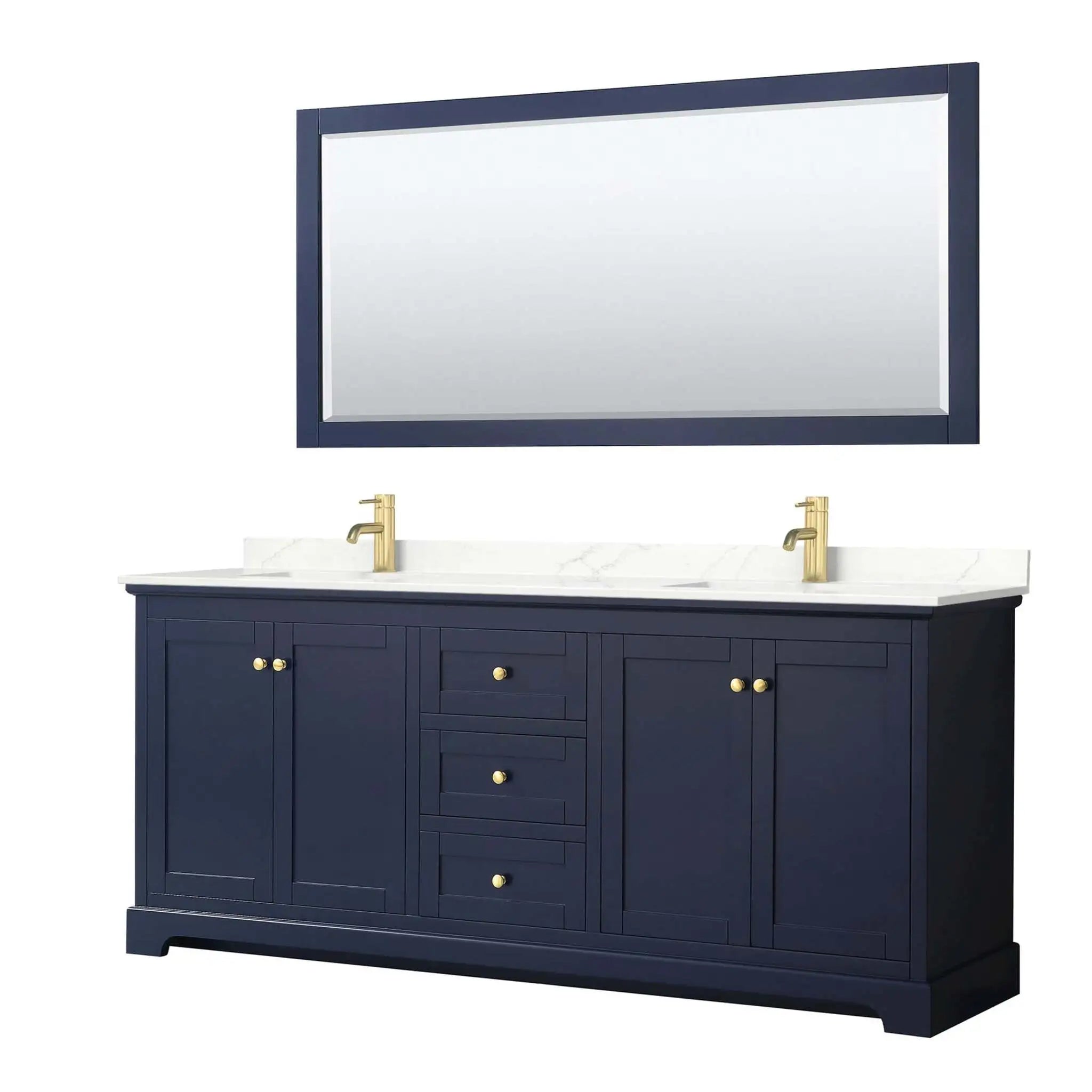 80" Avery Double Bathroom Vanity in Dark Blue with Brushed Gold Trim & 70" Mirror by Wyndham