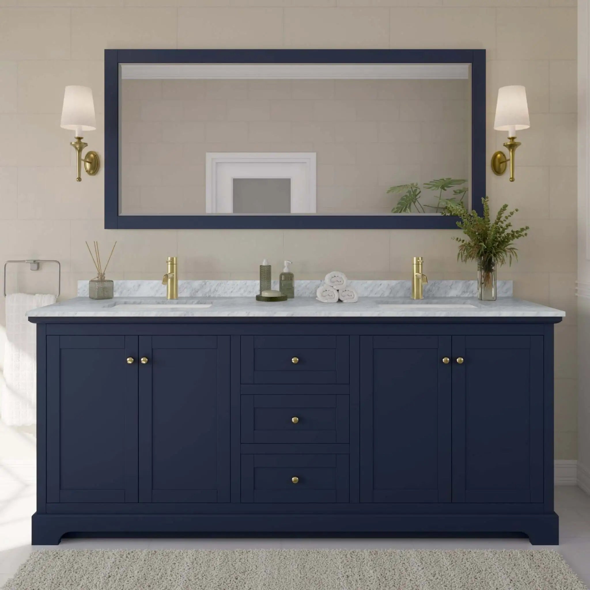 80" Avery Double Bathroom Vanity in Dark Blue with Brushed Gold Trim & 70" Mirror by Wyndham