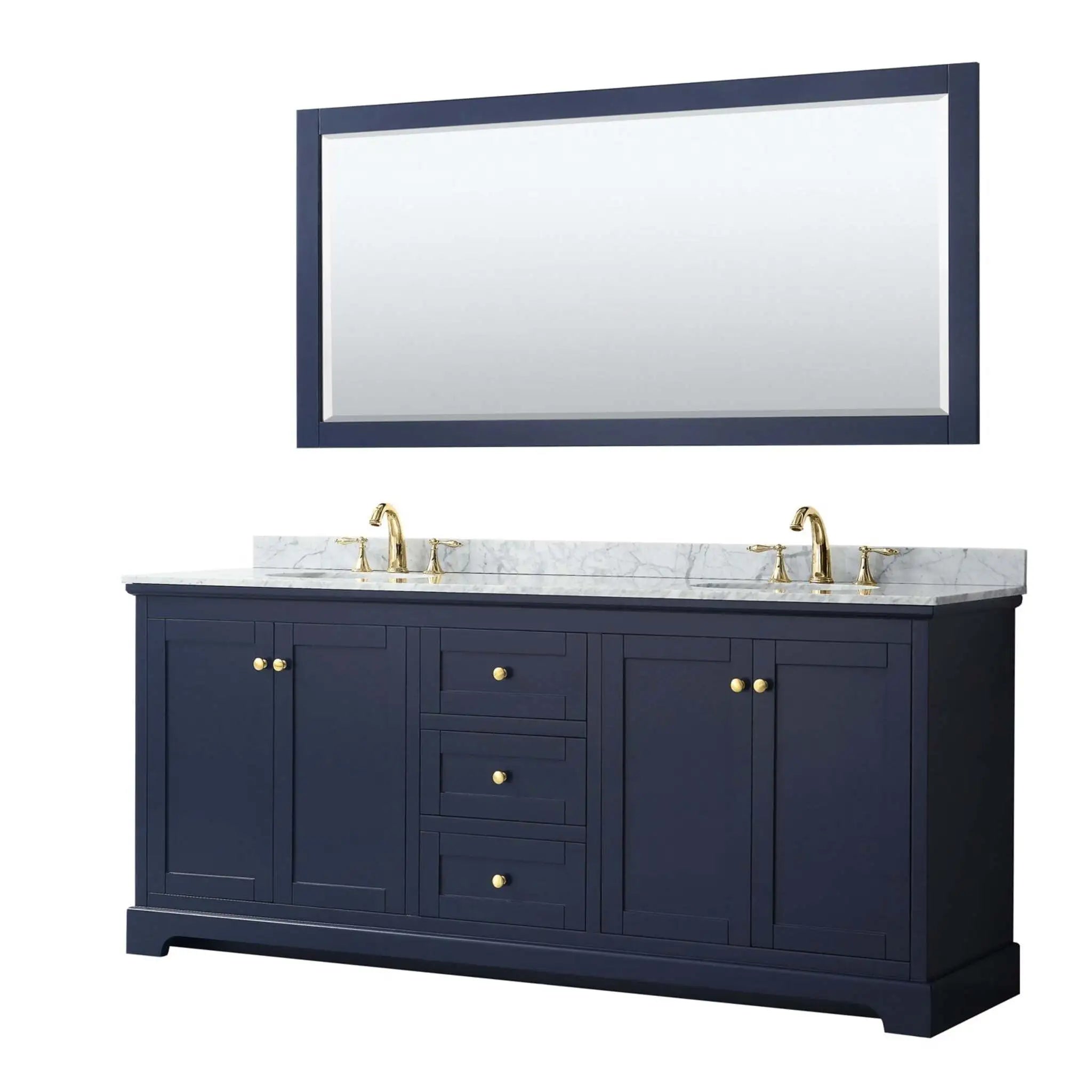 80" Avery Double Bathroom Vanity in Dark Blue with Brushed Gold Trim & 70" Mirror by Wyndham