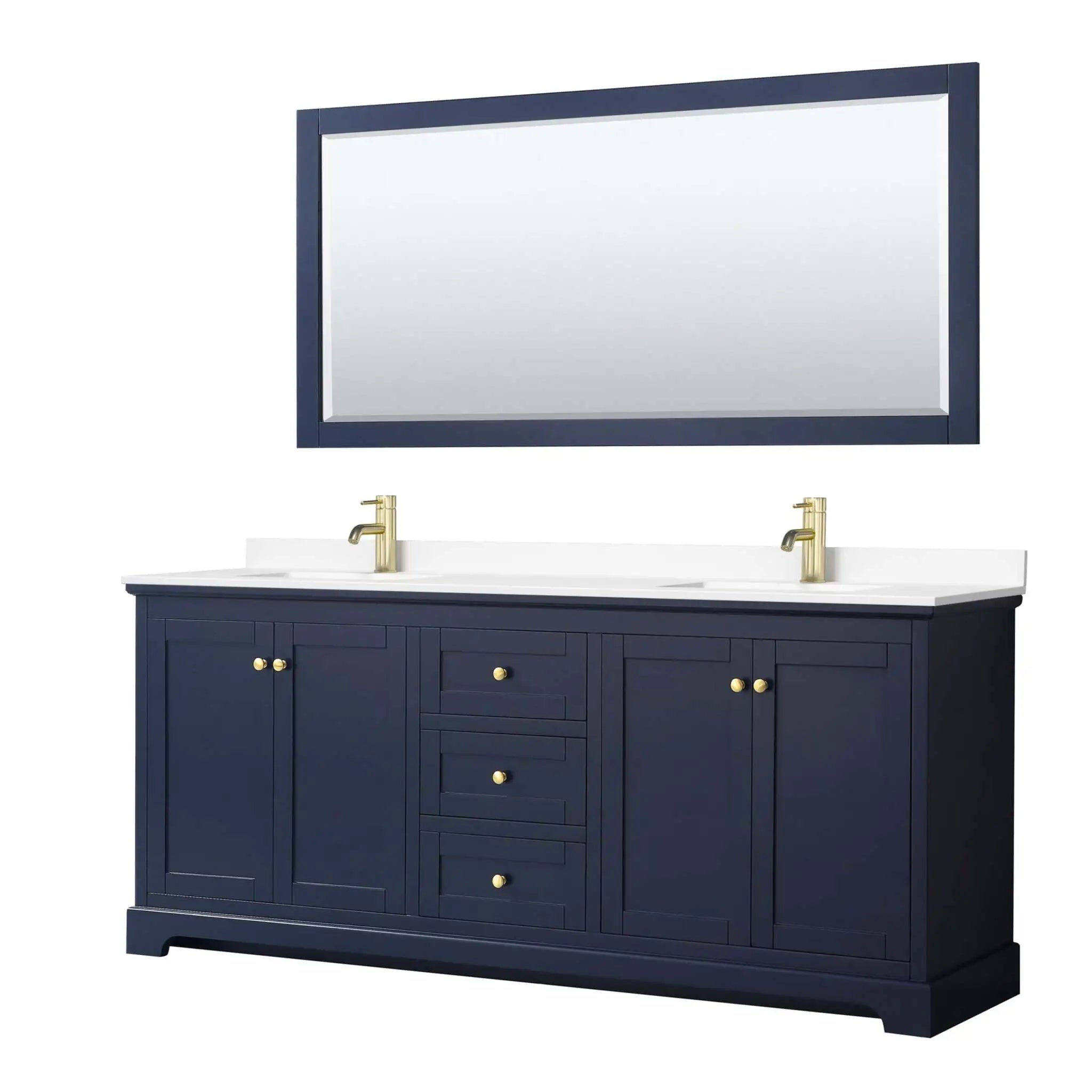 80" Avery Double Bathroom Vanity in Dark Blue with Brushed Gold Trim & 70" Mirror by Wyndham