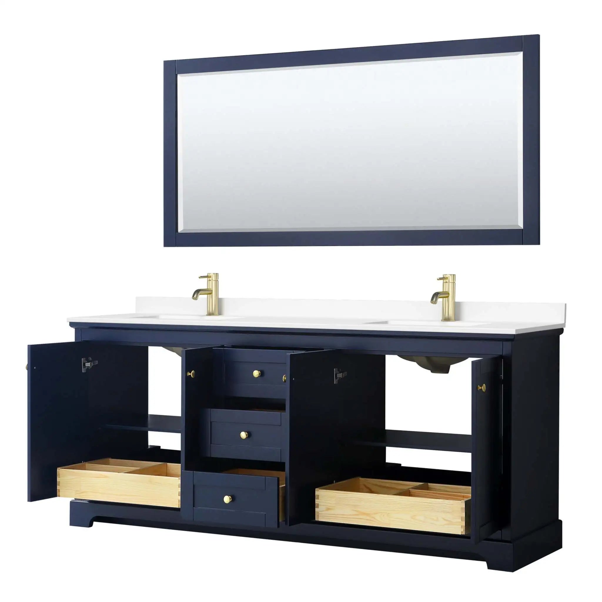 80" Avery Double Bathroom Vanity in Dark Blue with Brushed Gold Trim & 70" Mirror by Wyndham