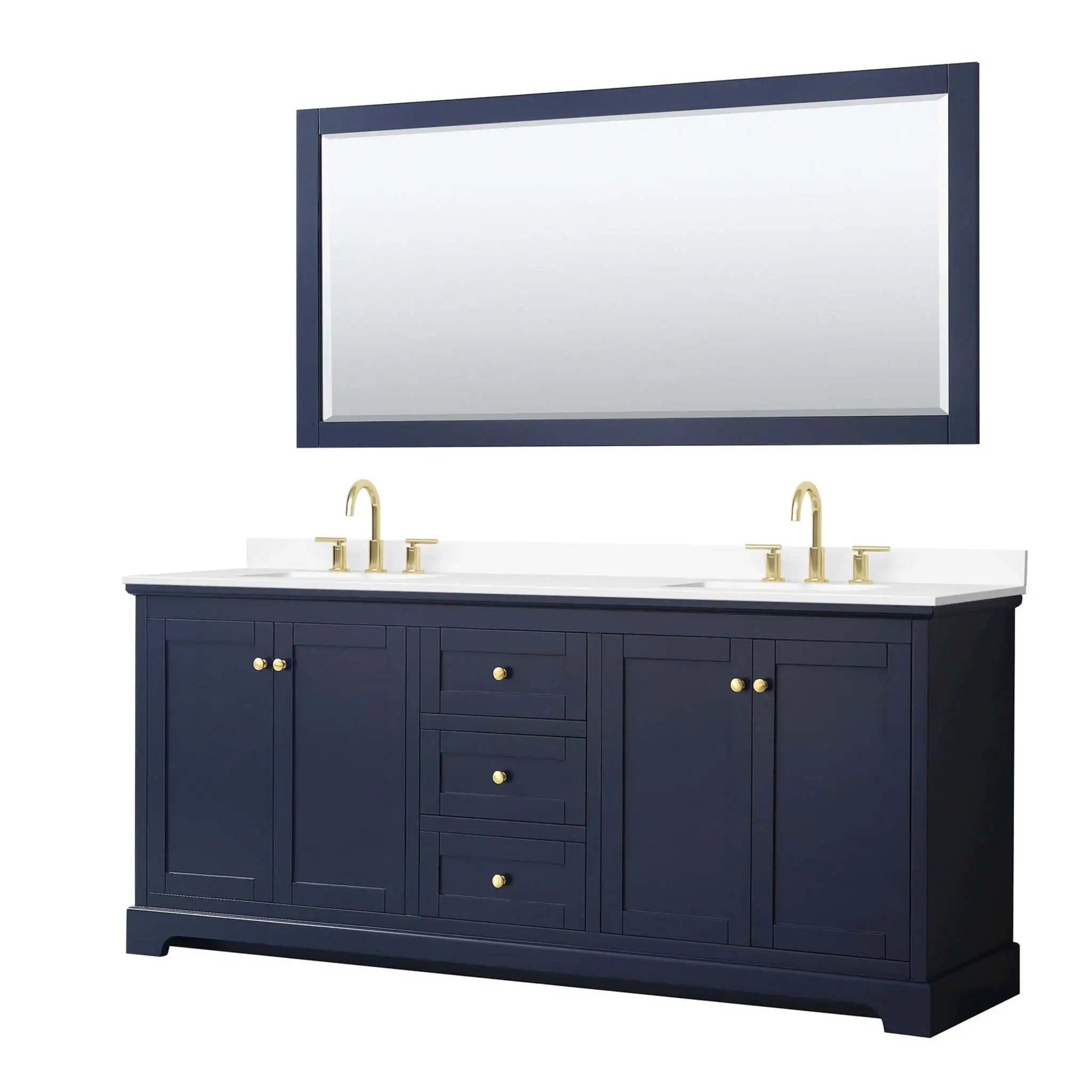 80" Avery Double Bathroom Vanity in Dark Blue with Brushed Gold Trim & 70" Mirror by Wyndham
