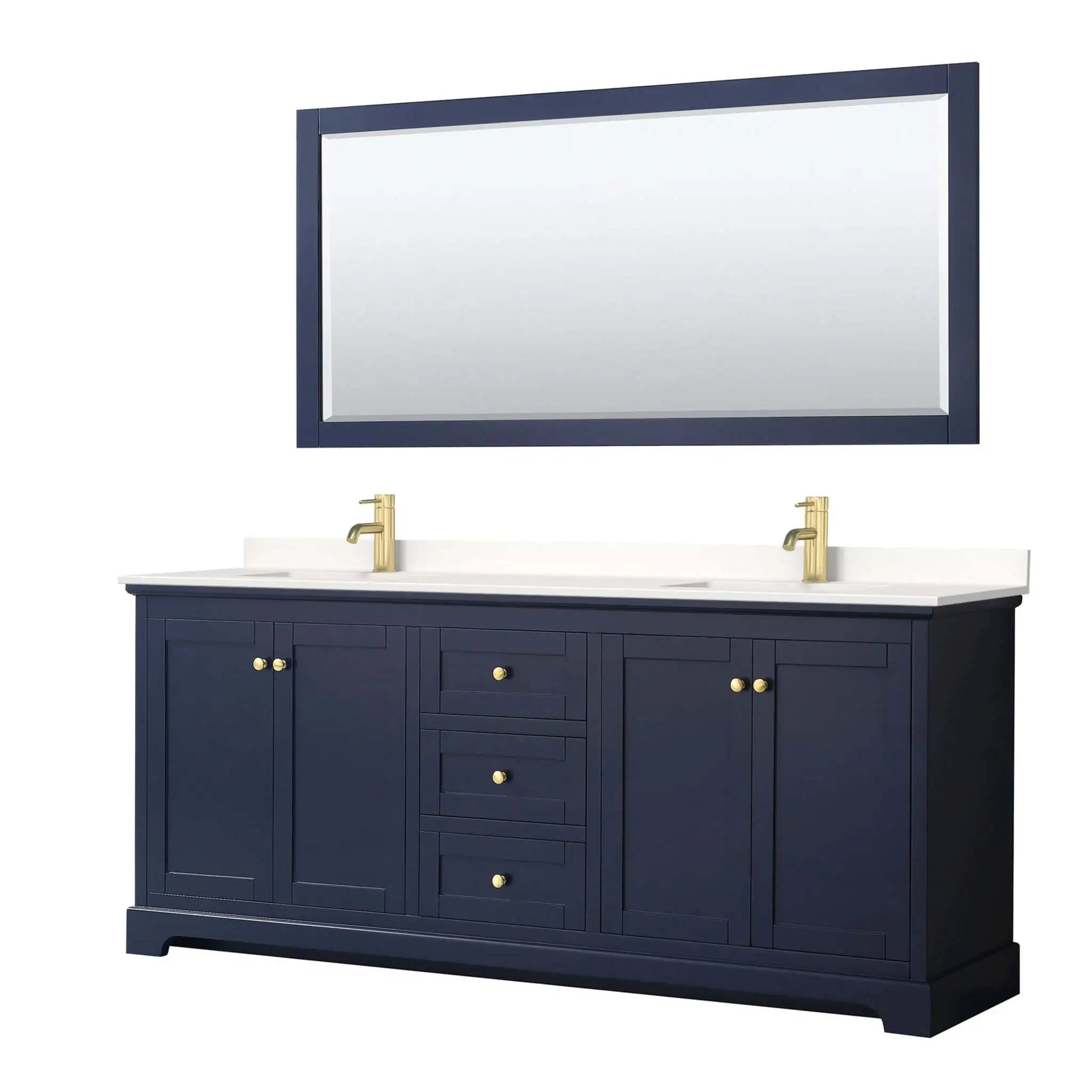 80" Avery Double Bathroom Vanity in Dark Blue with Brushed Gold Trim & 70" Mirror by Wyndham